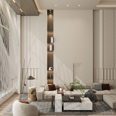  奶油风别墅大堂 挑空客厅su模型 