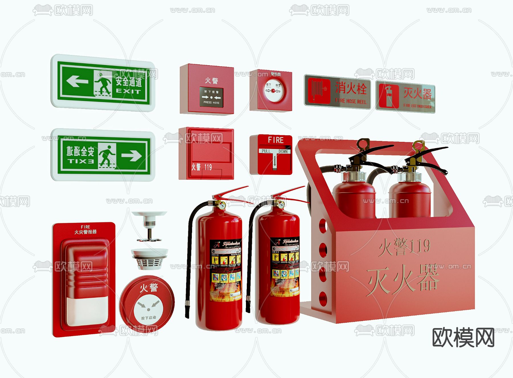 消防栓 灭火器 安全出口su模型下载（渲染图1）