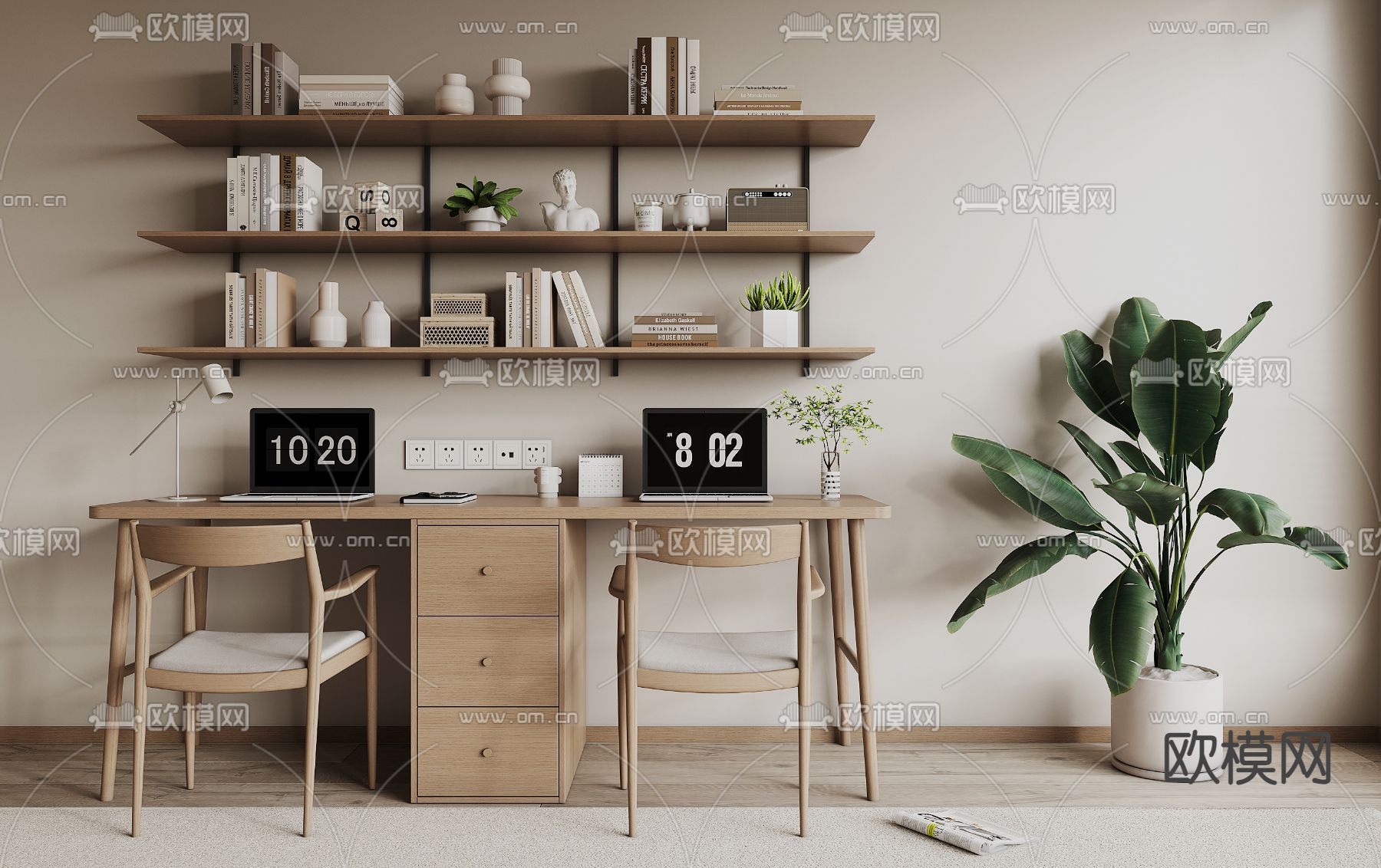 双人书桌 写字台 电脑桌su模型下载（渲染图2）