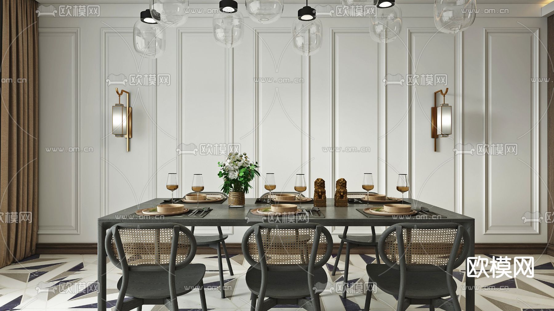 新中式客餐厅3d模型下载（渲染图3）