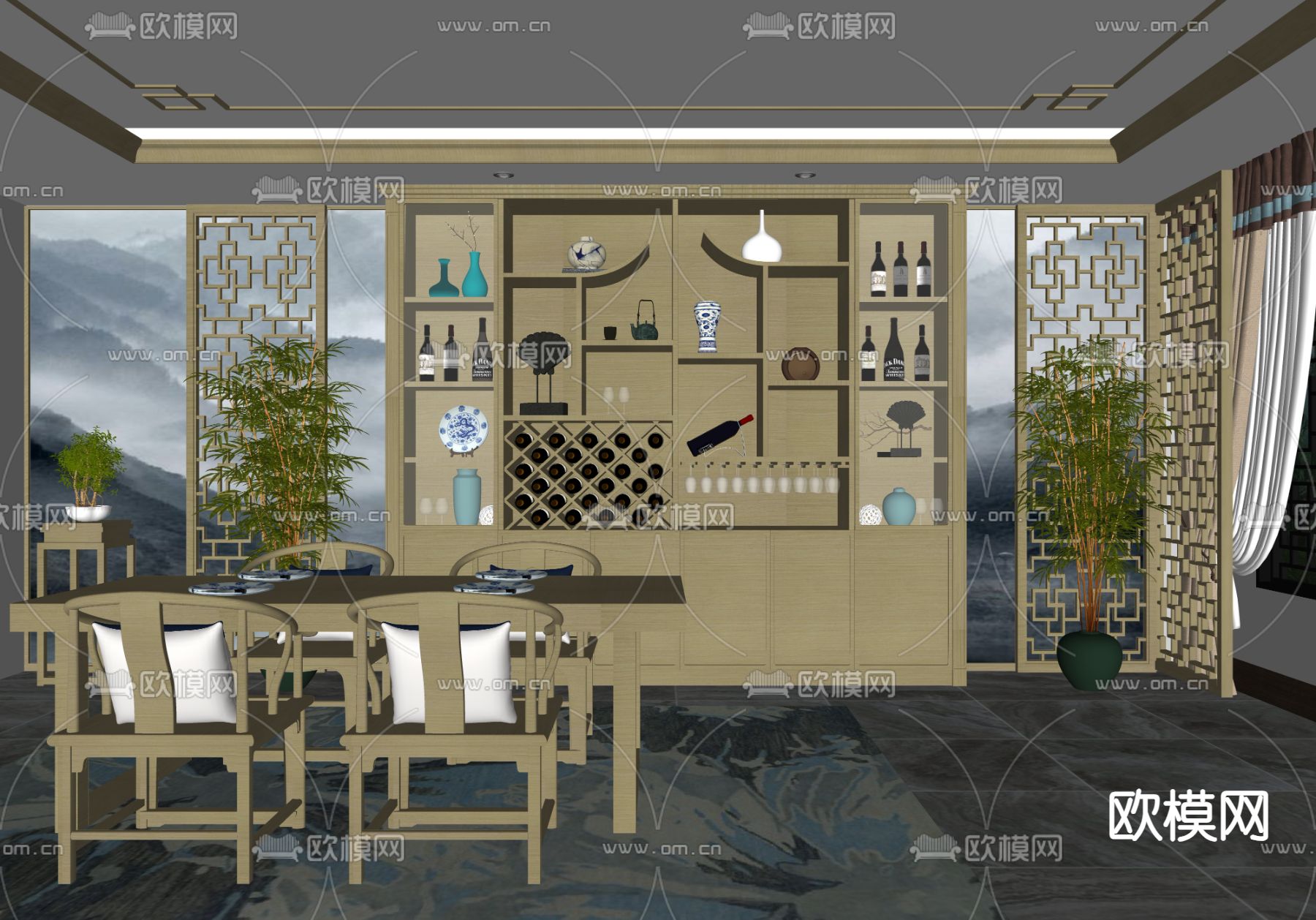 中式酒柜su模型下载（渲染图1）