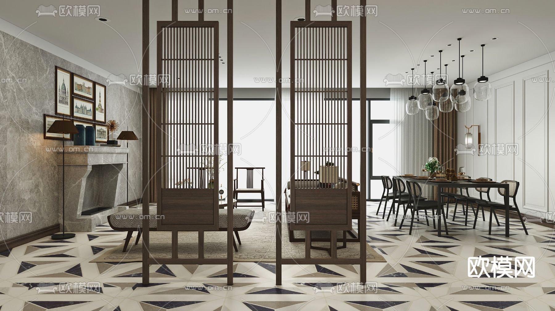 新中式客餐厅3d模型下载（渲染图2）