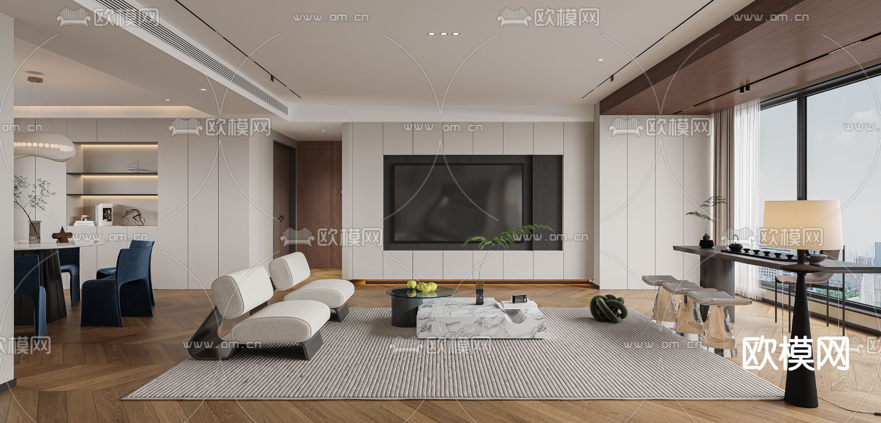 现代客厅 餐厅3d模型下载（渲染图1）