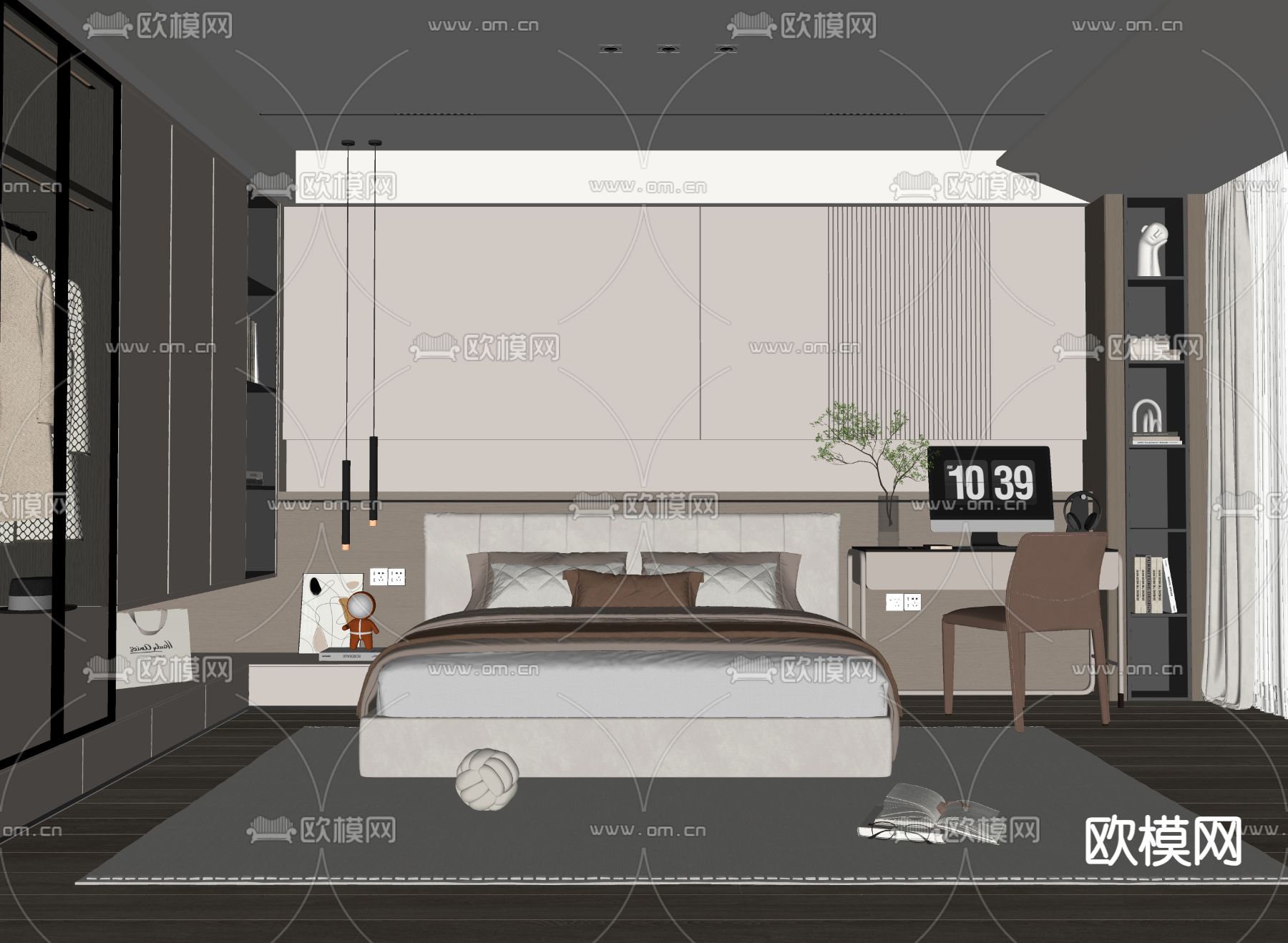 现代卧室 主卧 主人房su模型下载（渲染图2）