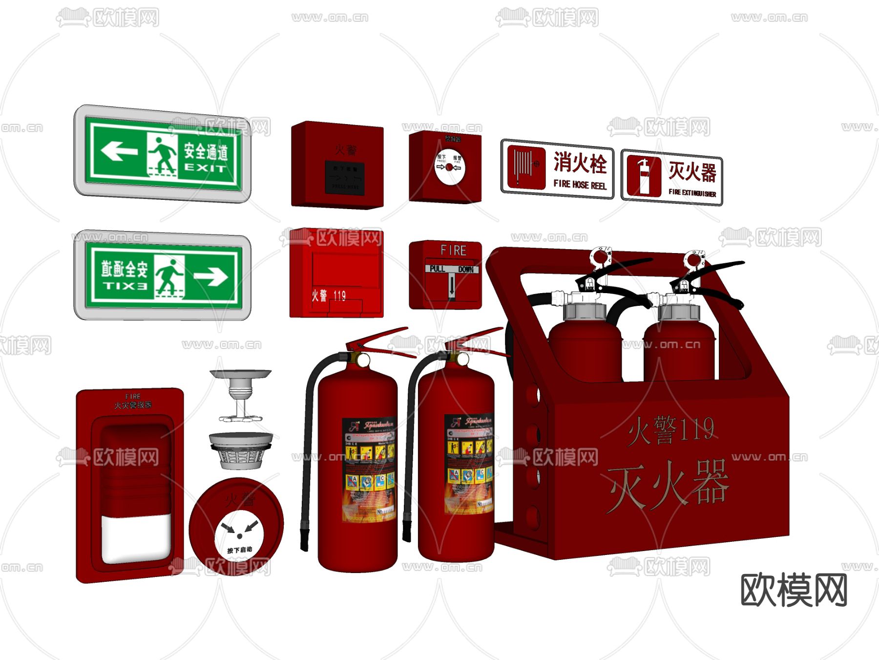 消防栓 灭火器 安全出口su模型下载（渲染图2）