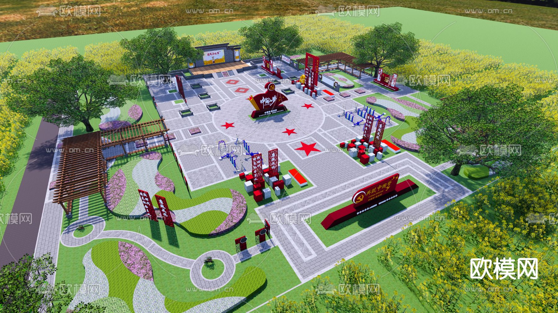 中式党政广场景观su模型下载（渲染图1）