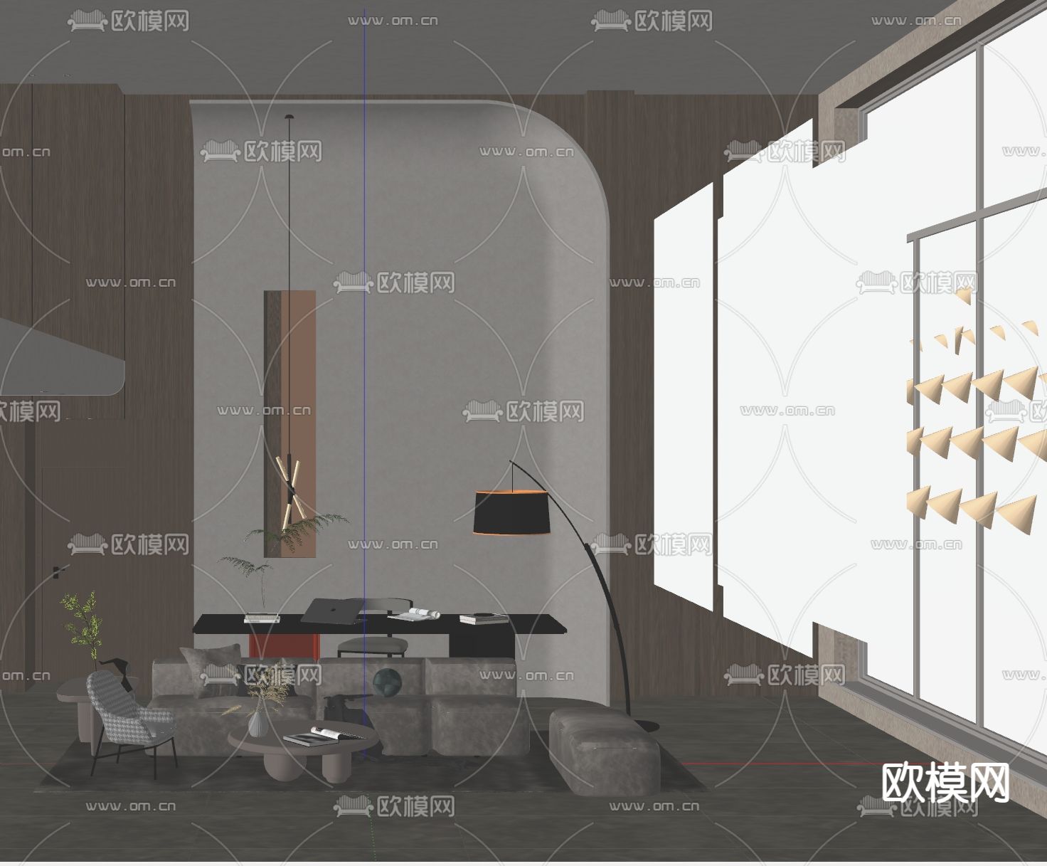 挑高客厅 别墅大堂su模型下载（渲染图2）