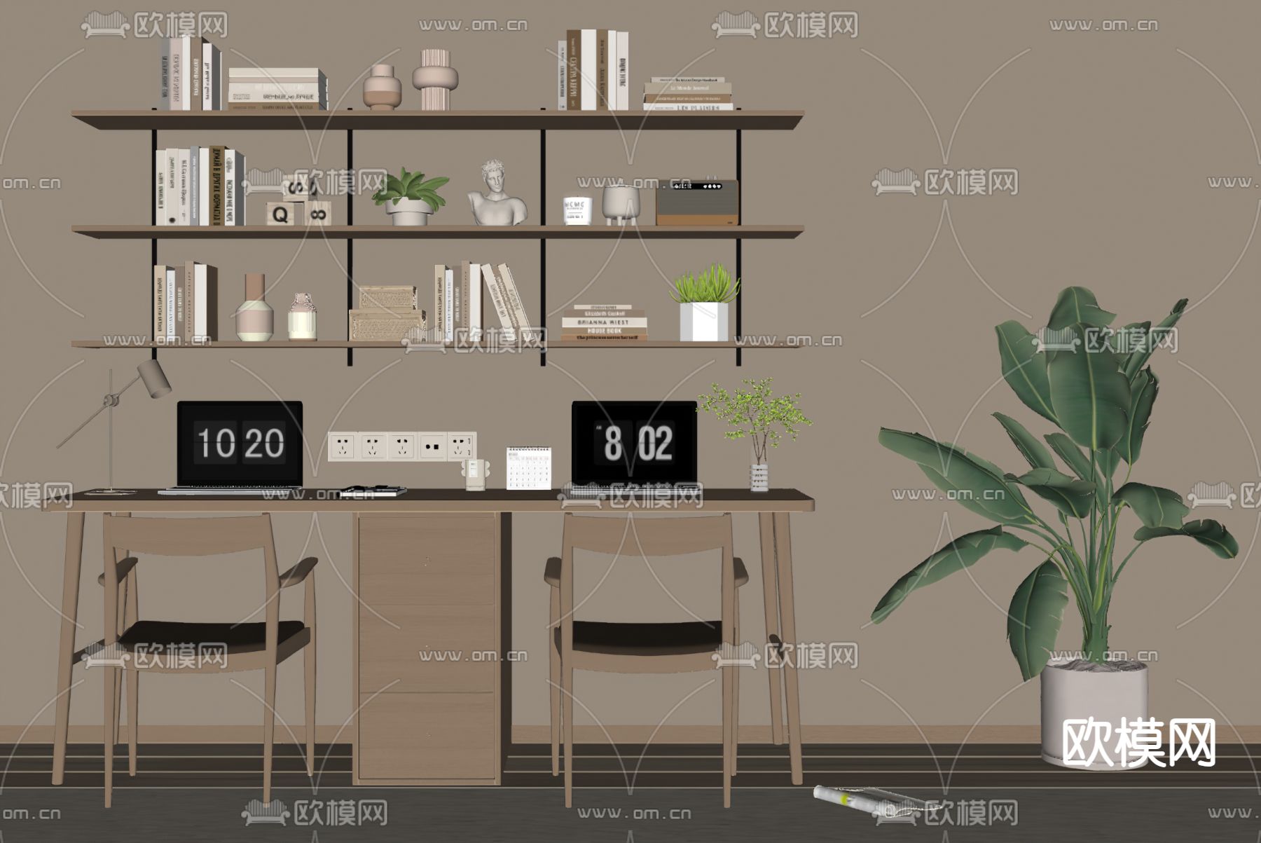 双人书桌 写字台 电脑桌su模型下载（渲染图1）