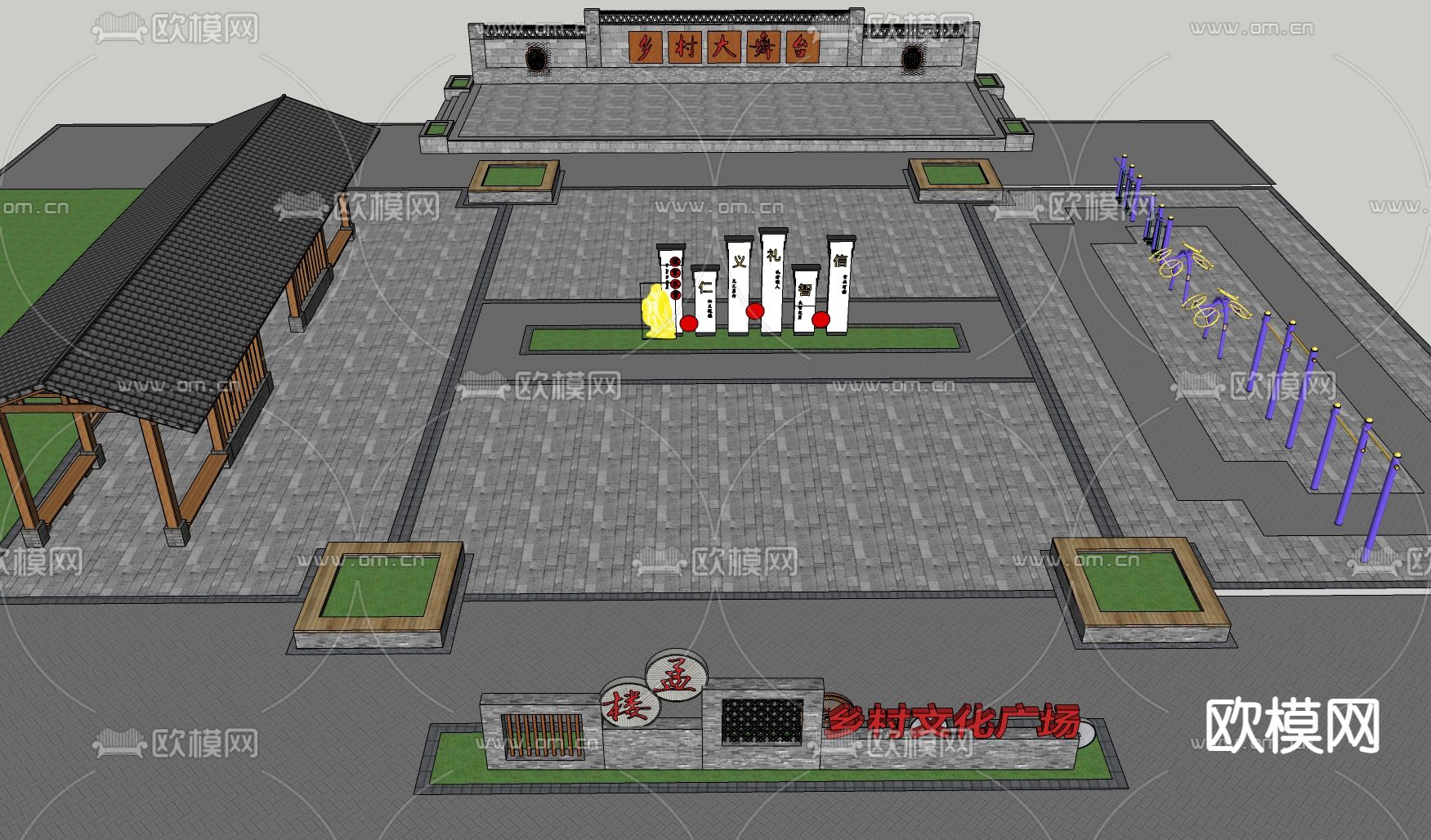 新中式乡村广场 文化广场su模型下载（渲染图2）