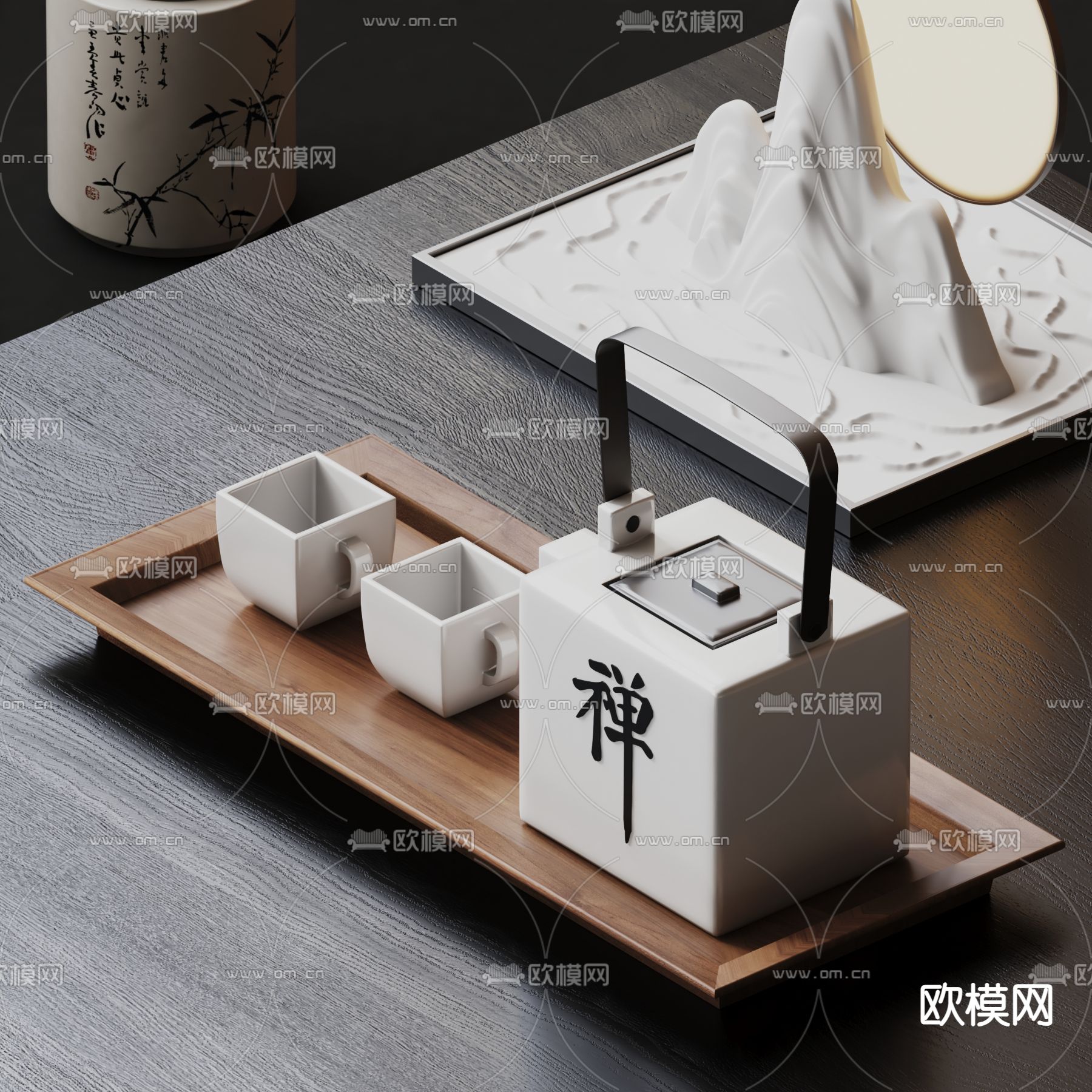 新中式茶具 茶壶 茶杯 茶托su模型下载（渲染图1）