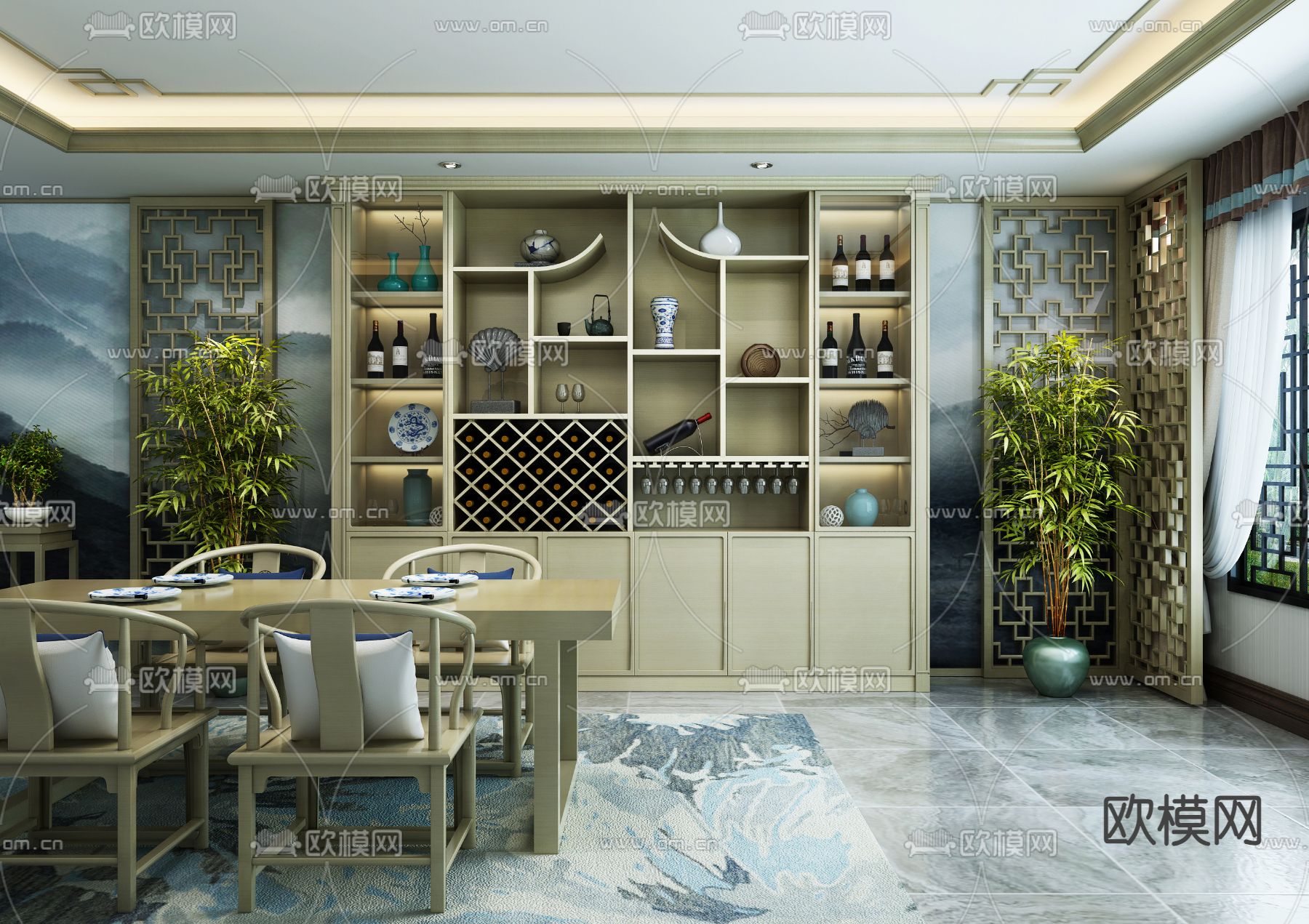 中式酒柜su模型下载（渲染图2）