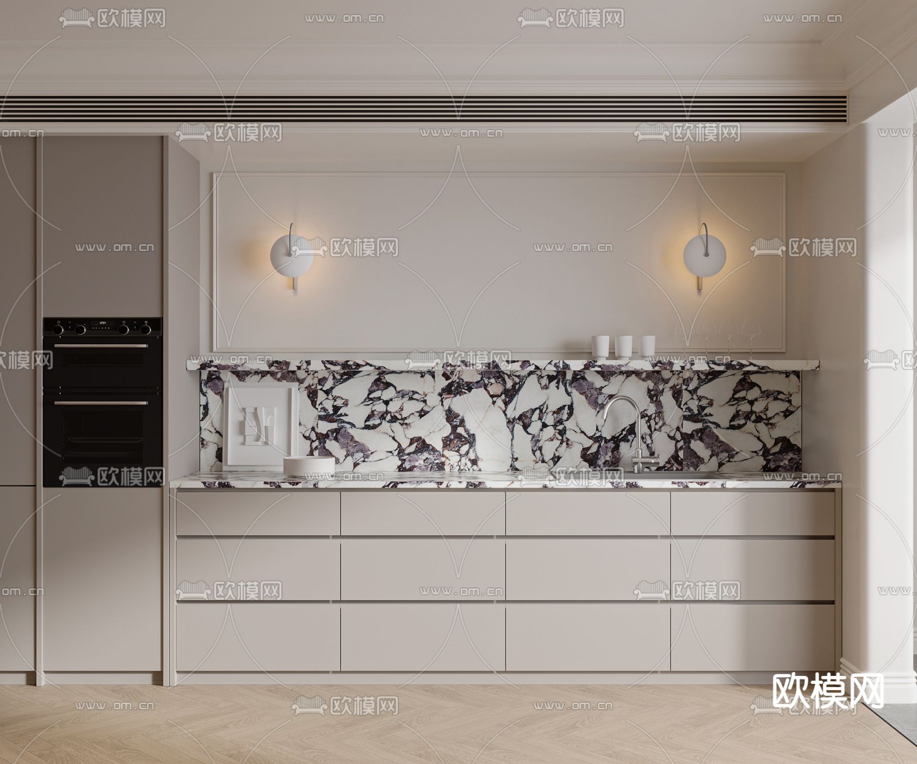 奶油风橱柜su模型下载（渲染图1）