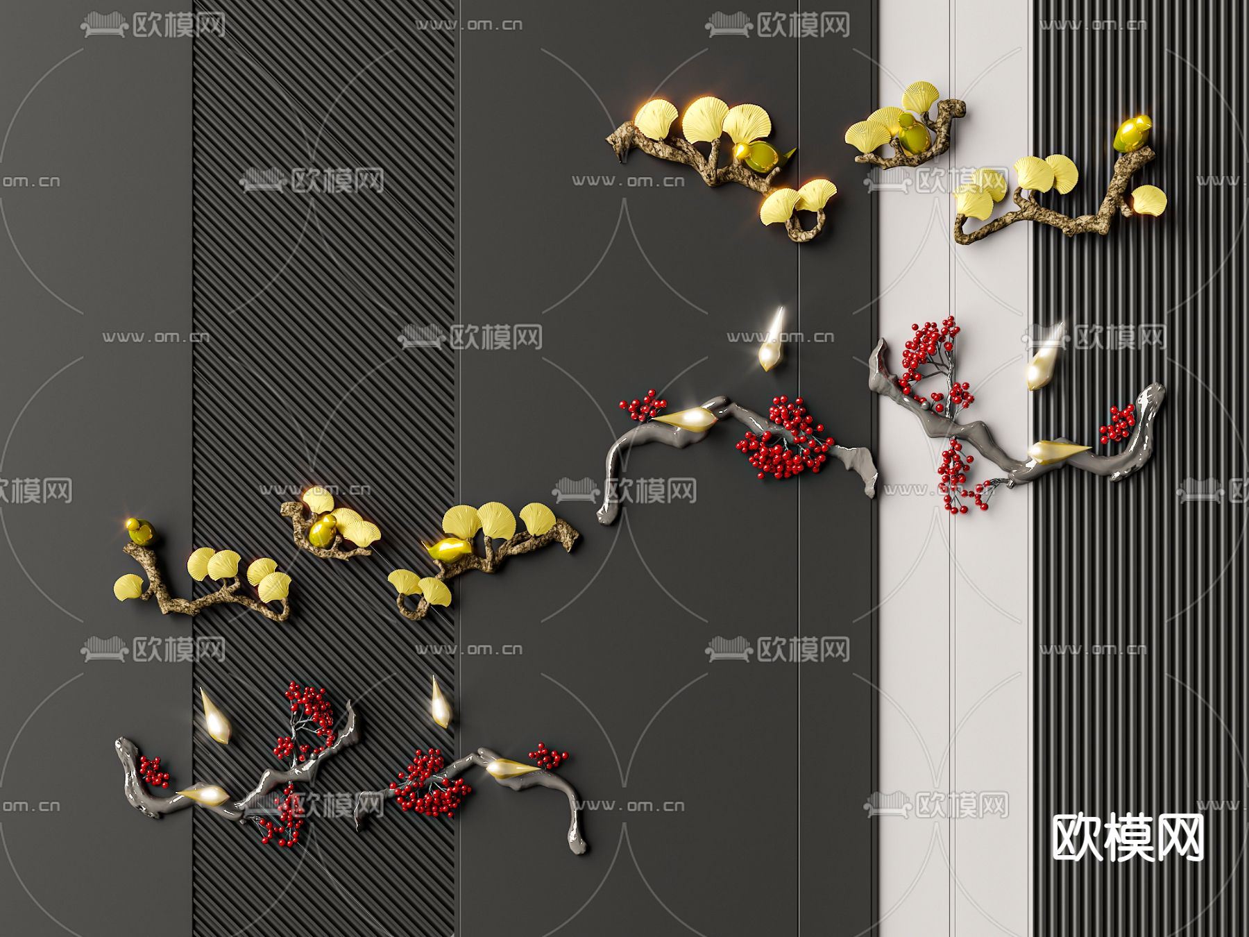 新中式挂饰 银杏叶墙饰3d模型下载