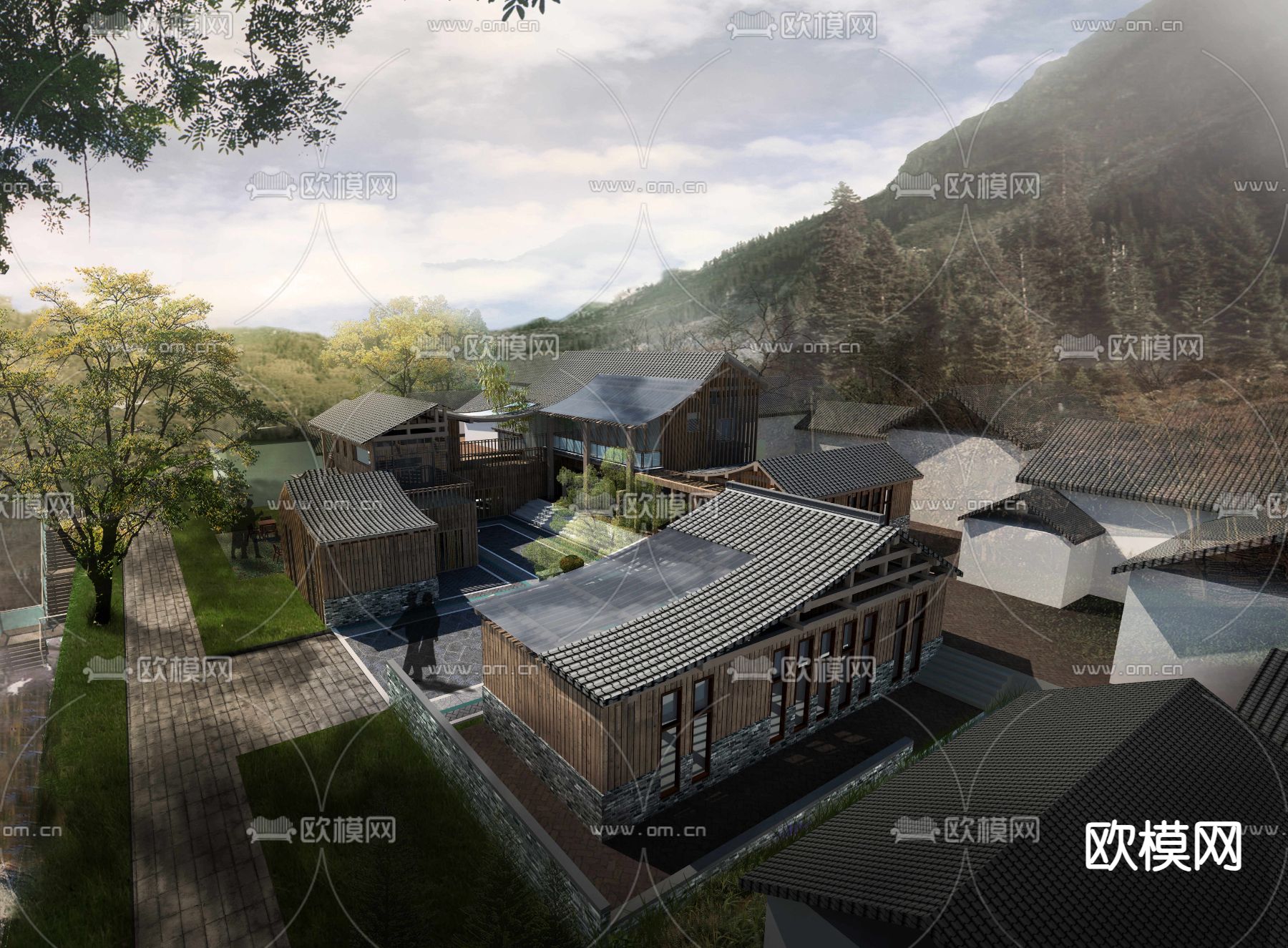 美丽乡村景观 游客中心民宿su模型下载（渲染图1）
