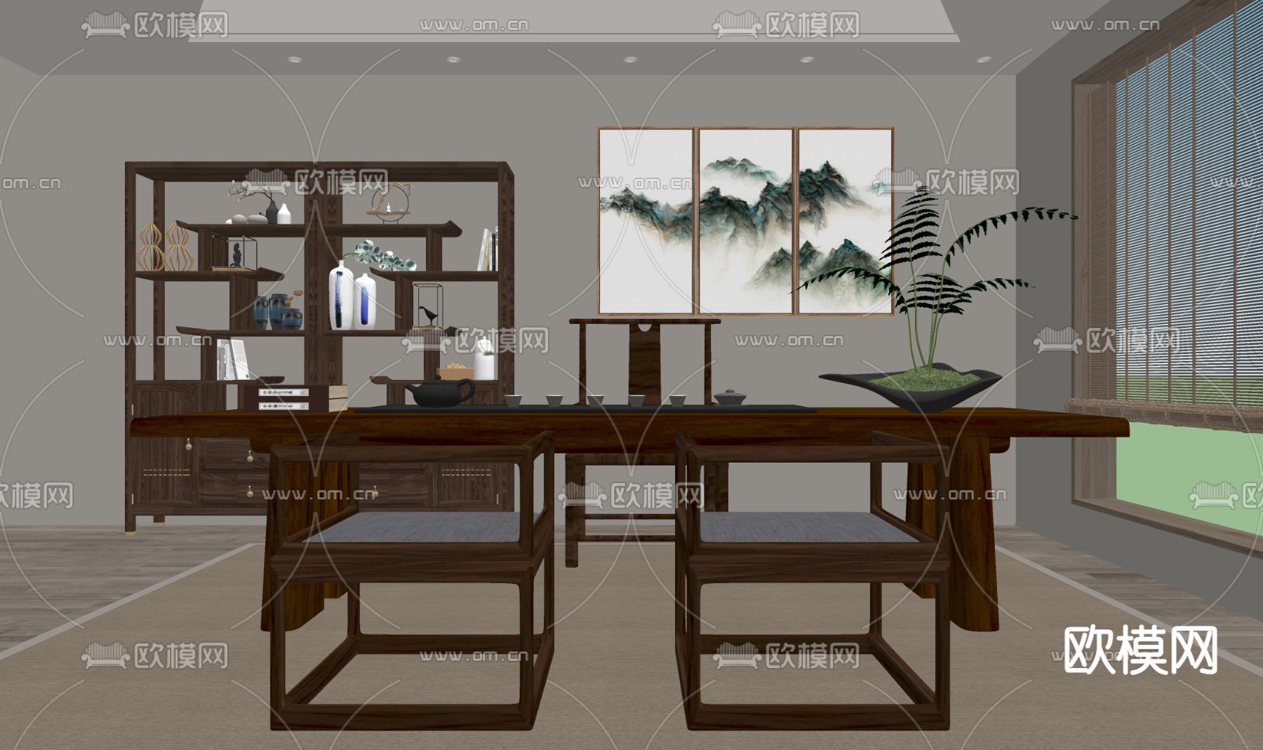 新中式茶室su模型下载（渲染图2）