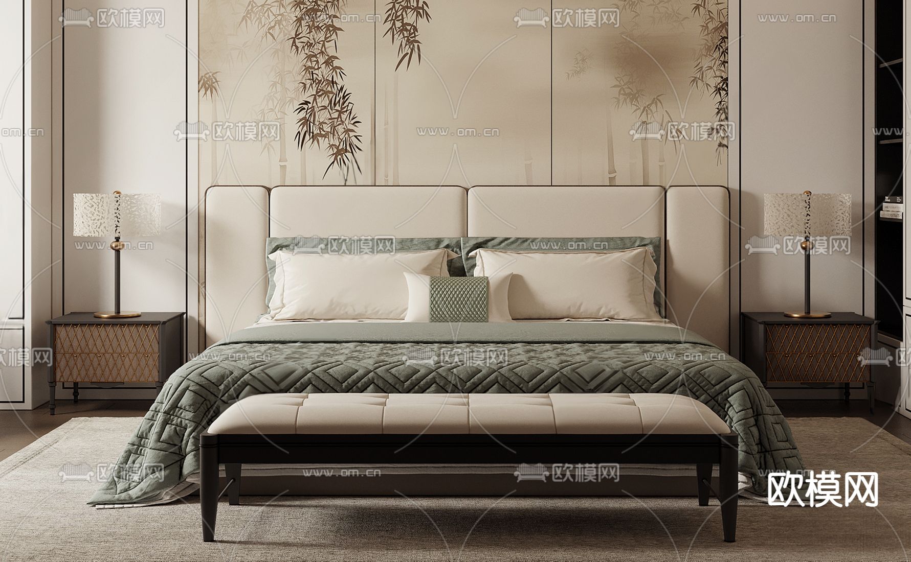 新中式双人床su模型下载（渲染图1）