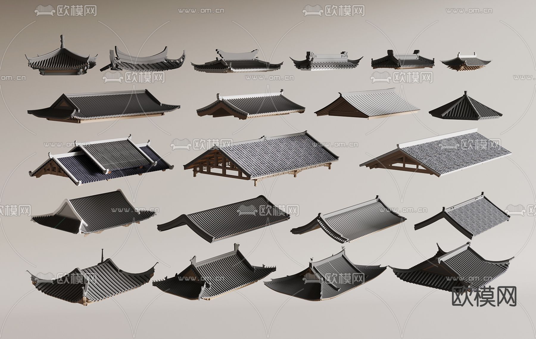 中式屋顶 屋檐 飞檐 屋脊 瓦片3d模型下载