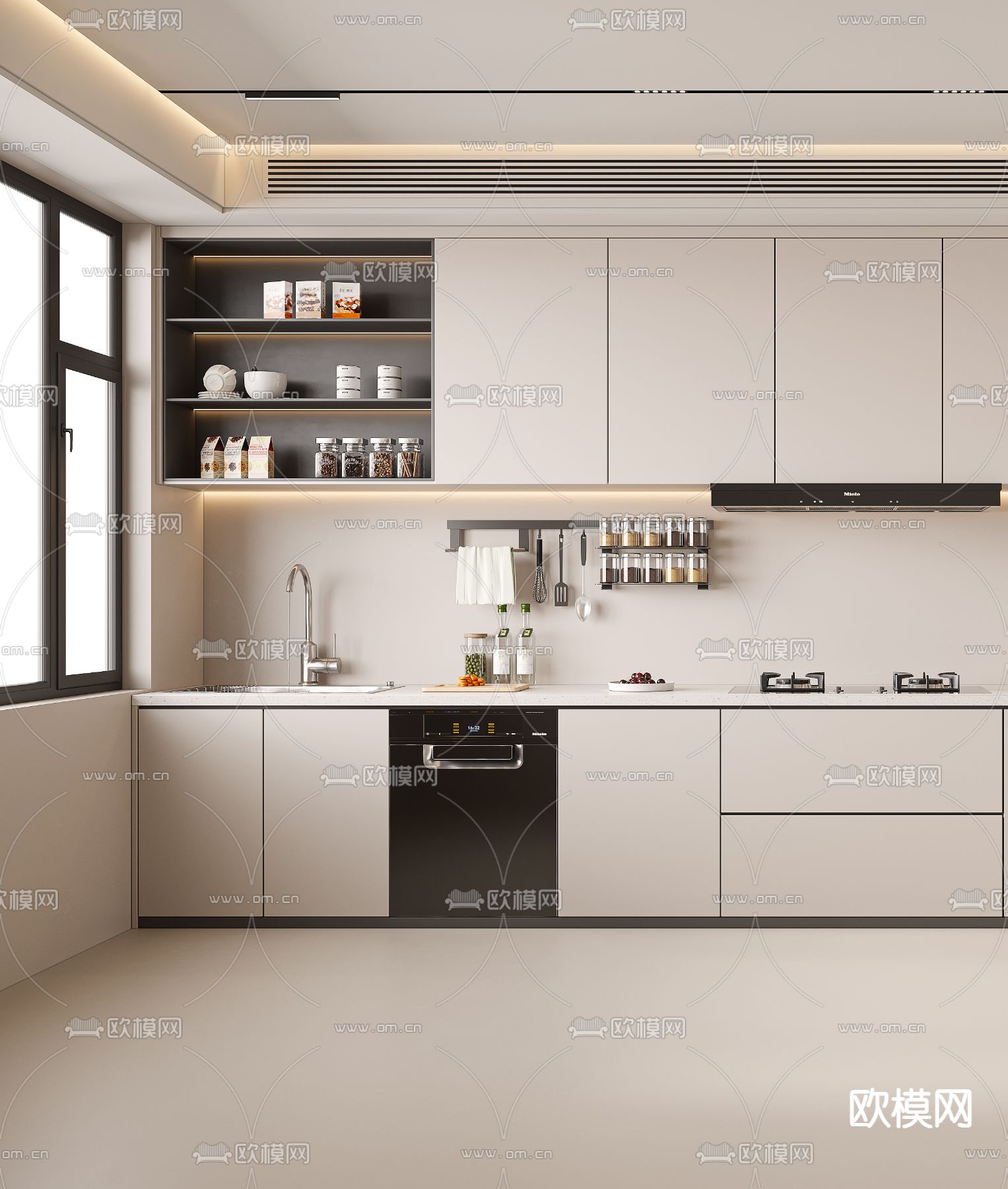 奶油风厨房 橱柜3d模型下载（渲染图3）