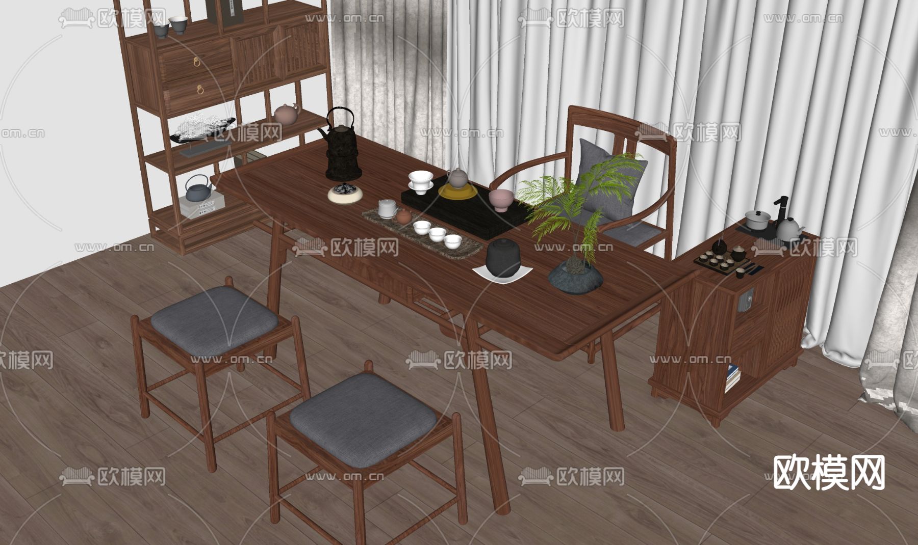 新中式茶桌椅su模型下载（渲染图1）