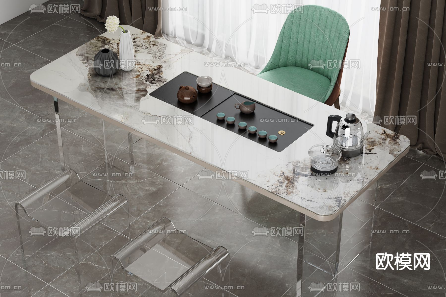 大理石茶桌椅su模型下载（渲染图1）