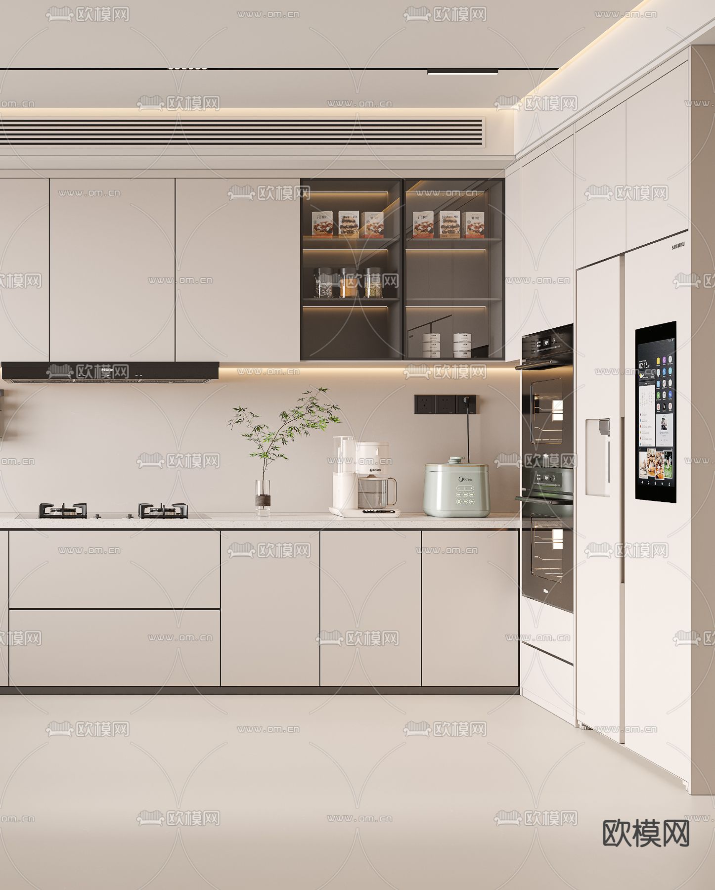 奶油风厨房 橱柜3d模型下载（渲染图2）