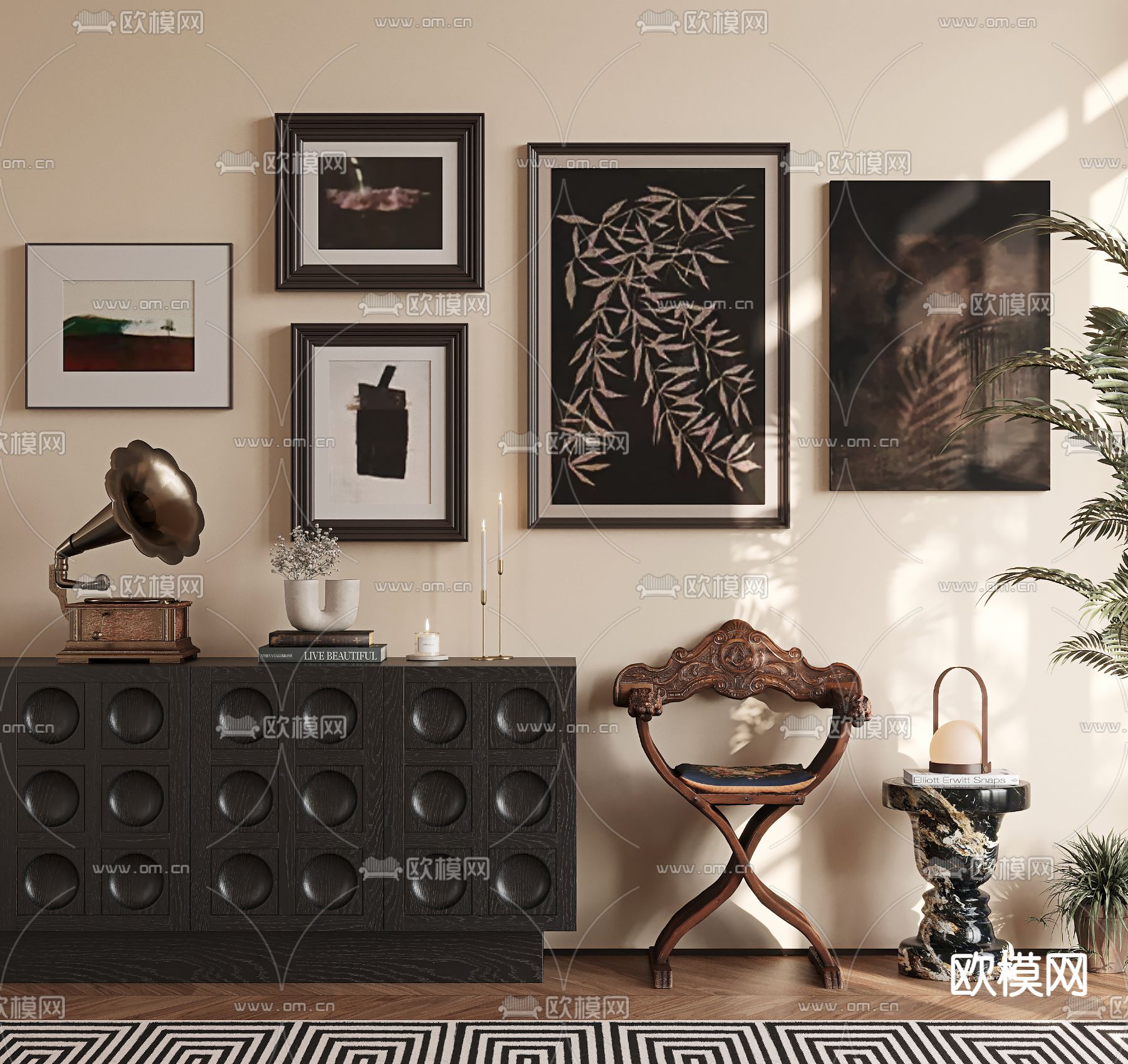 中古风端景柜 玄关柜 边柜su模型下载（渲染图1）