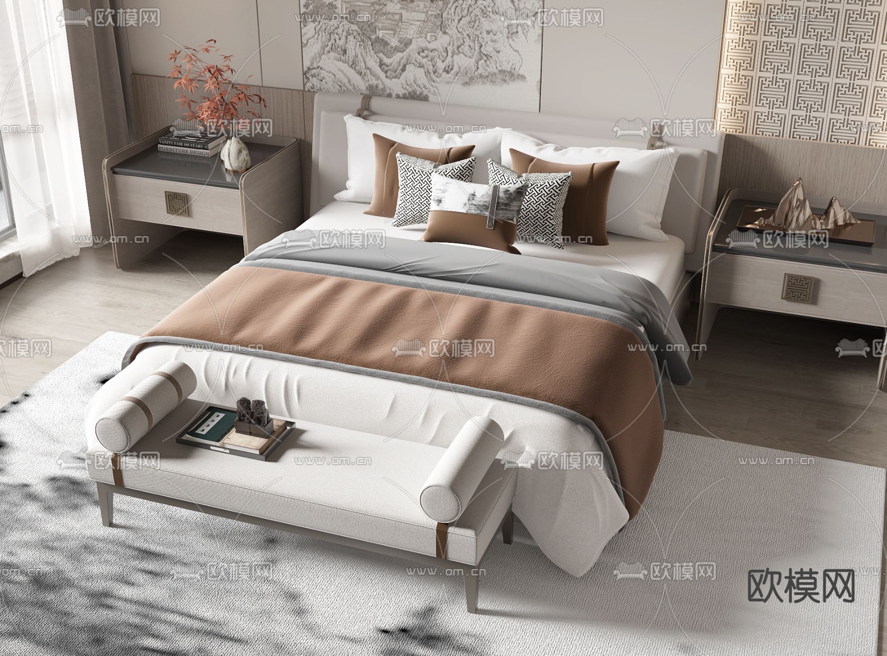 新中式双人床3d模型下载