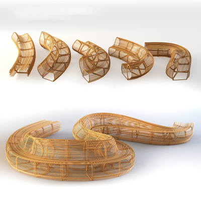  藤编长凳 公共座椅su模型 