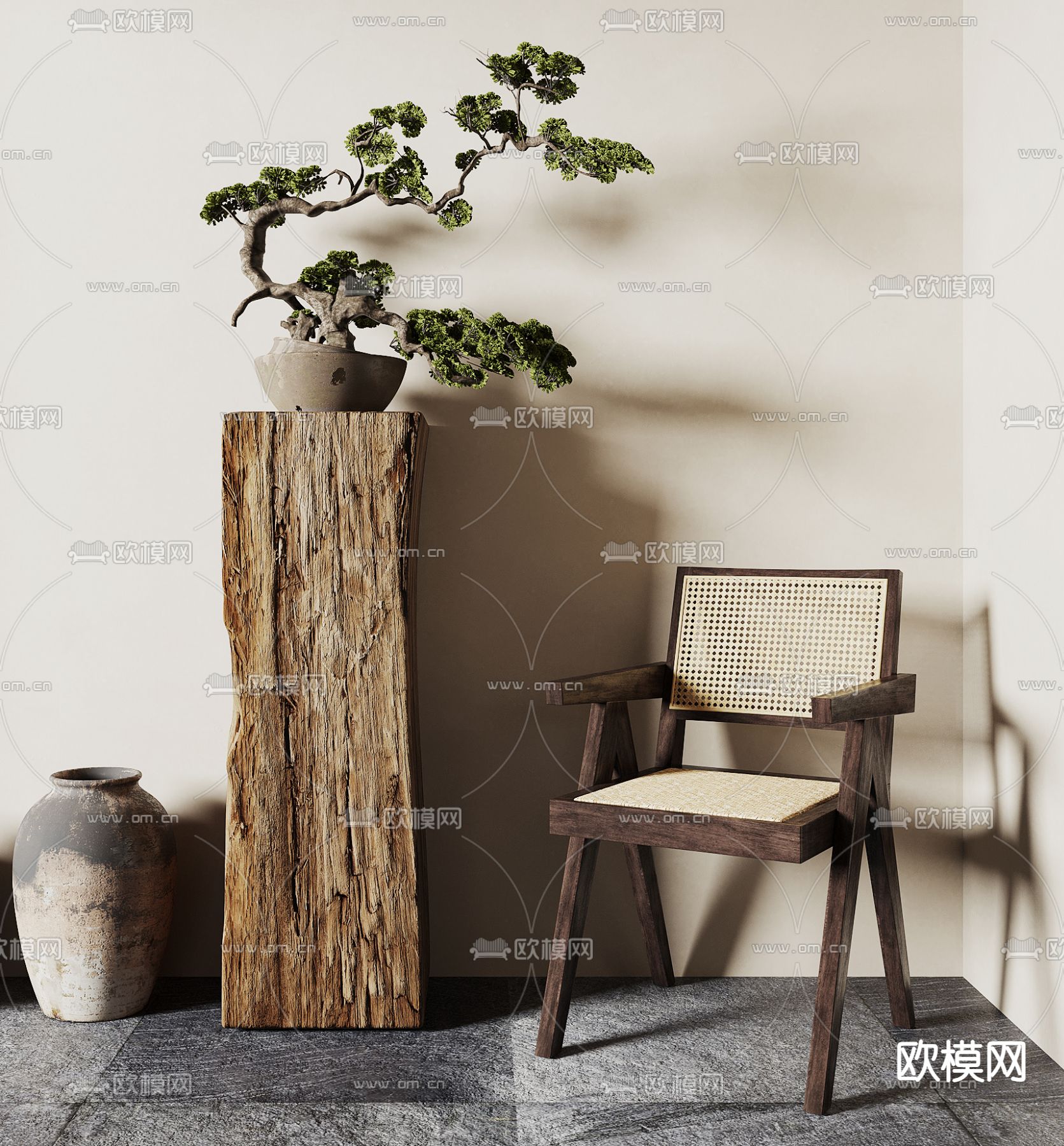 迎客松盆栽 盆景 休闲椅3d模型下载（渲染图1）