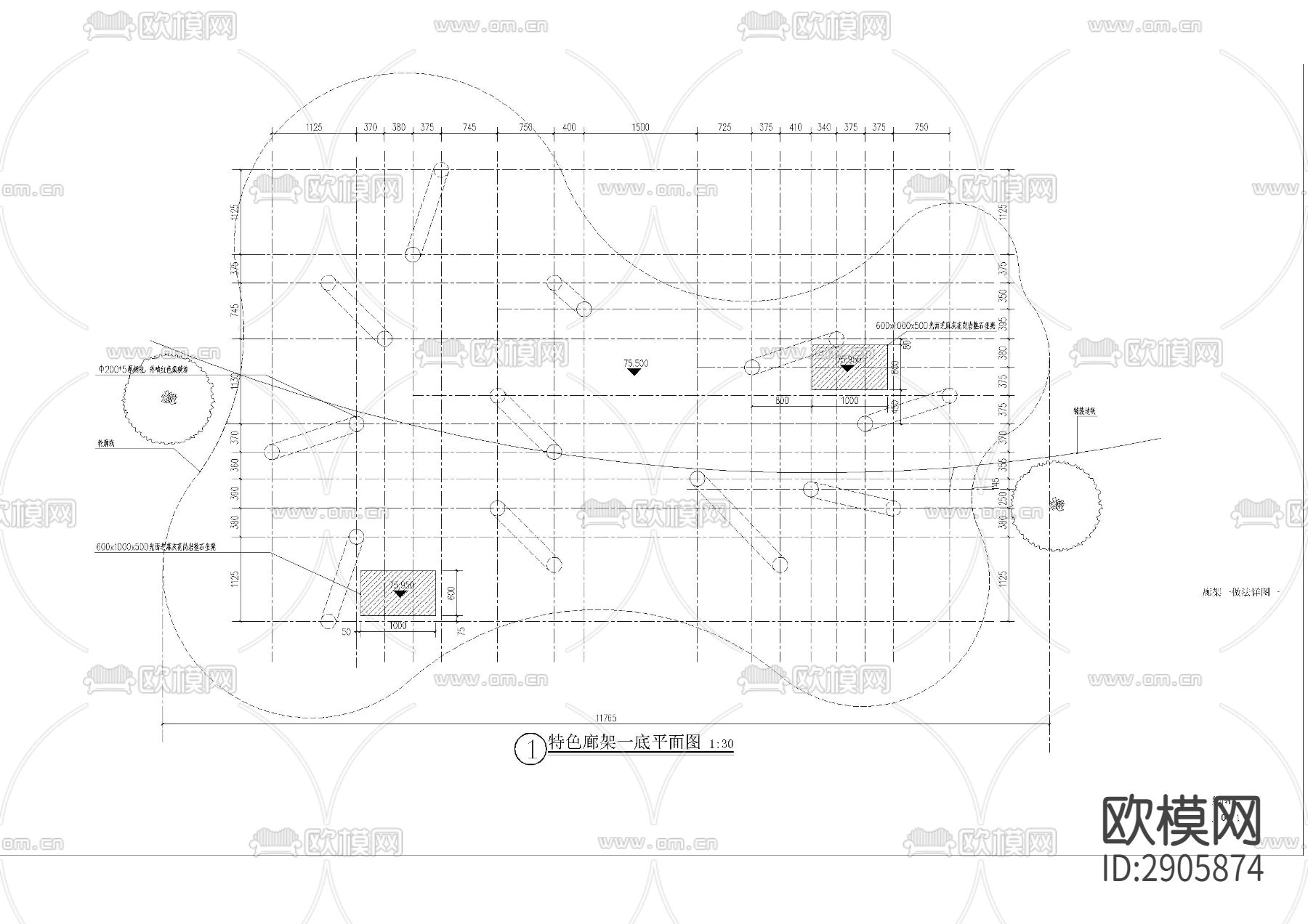 户外特色钢柱廊桥CAD施工图下载（渲染图3）