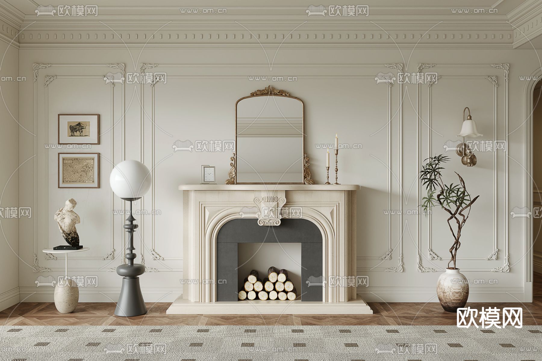 法式壁炉 柴火堆3d模型下载