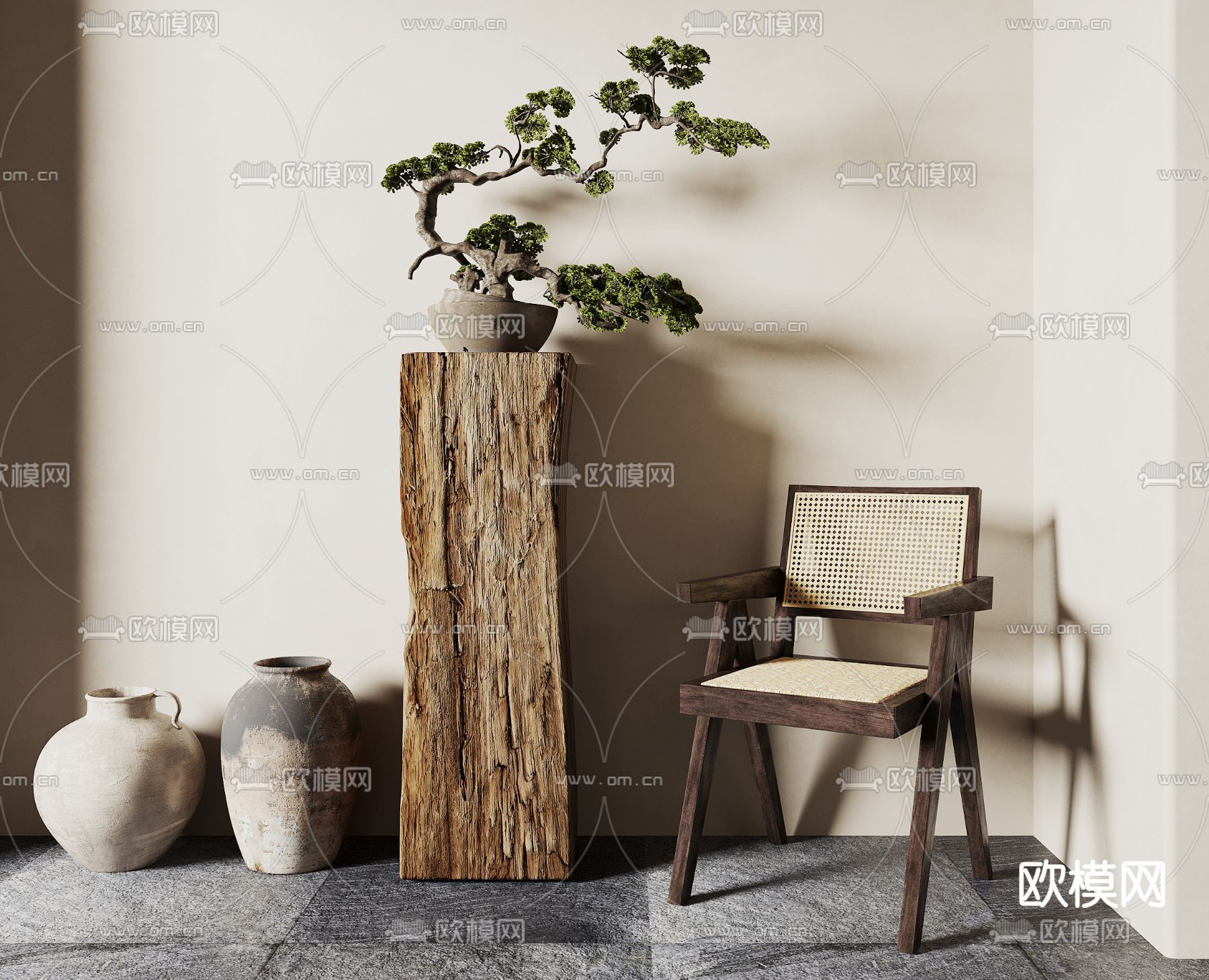 迎客松盆栽 盆景 休闲椅3d模型下载（渲染图2）