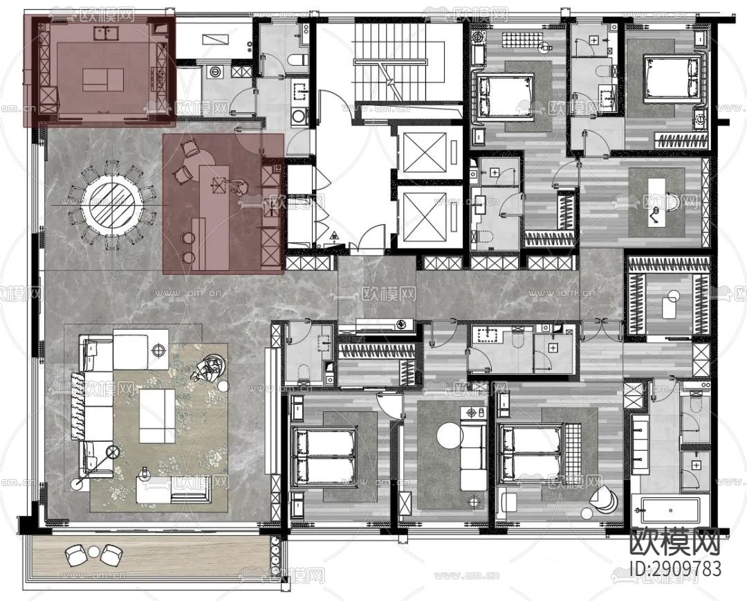 丹健国际-常州一江风华400大平层样板房cad施工图下载（渲染图2）
