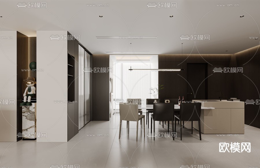 现代客厅 餐厅3d模型下载(渲染图2)