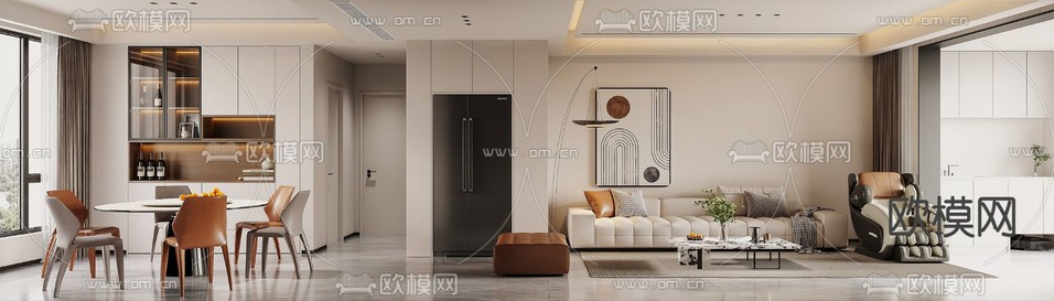 现代客厅 餐厅3d模型下载(渲染图1)