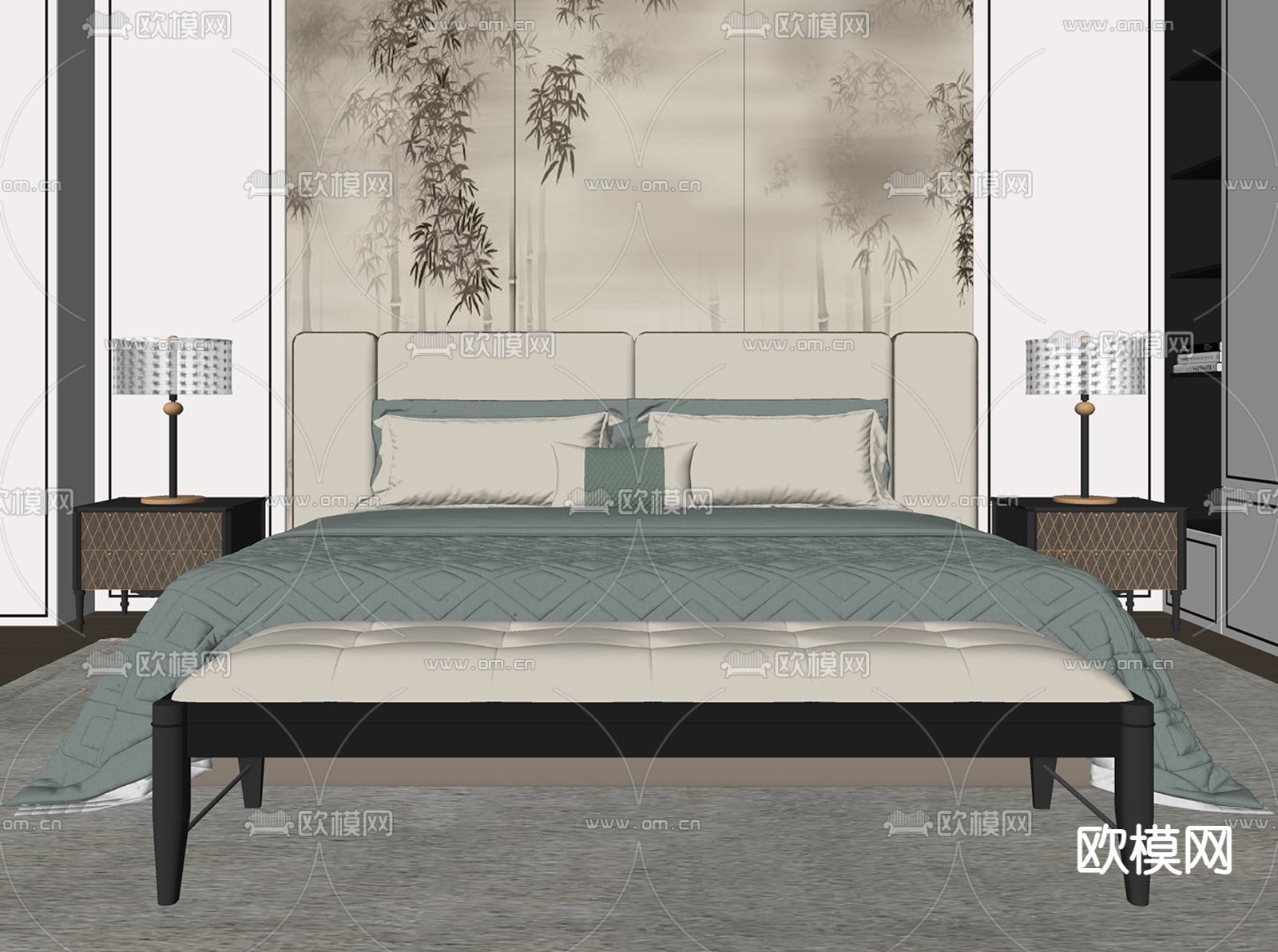 新中式双人床su模型下载（渲染图2）