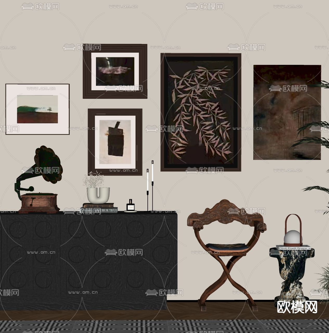 中古风端景柜 玄关柜 边柜su模型下载（渲染图2）