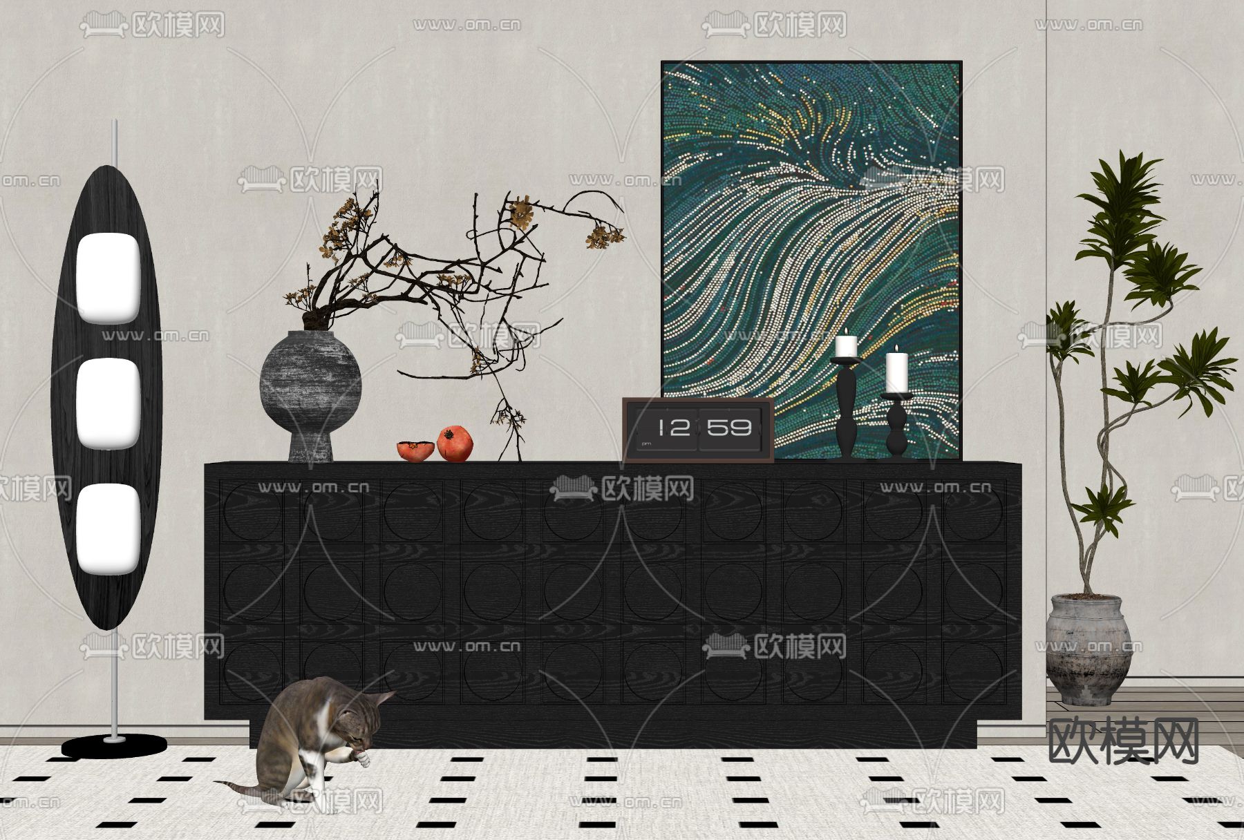 中古风玄关柜 边柜su模型下载（渲染图2）