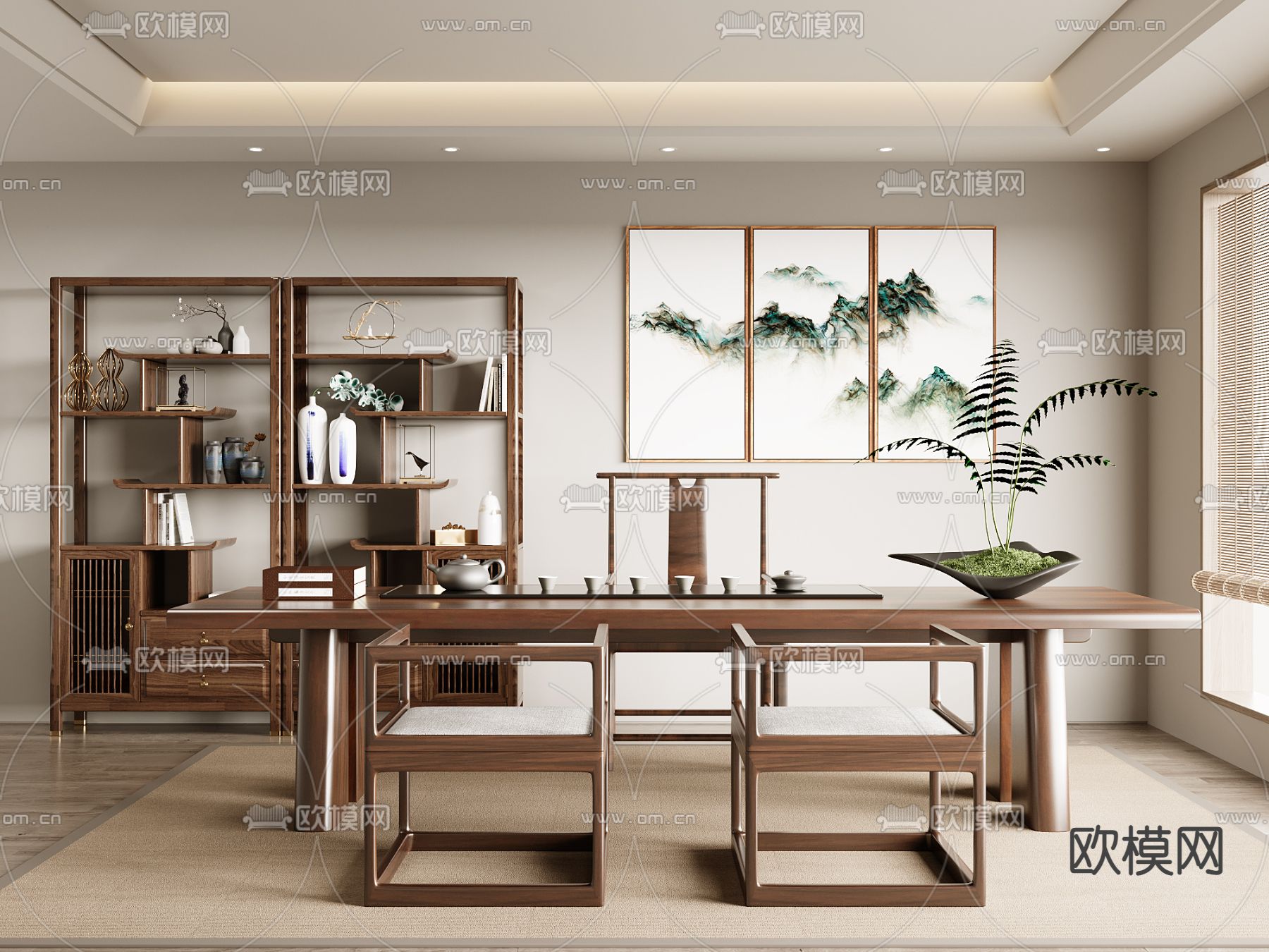 新中式茶室su模型下载（渲染图1）