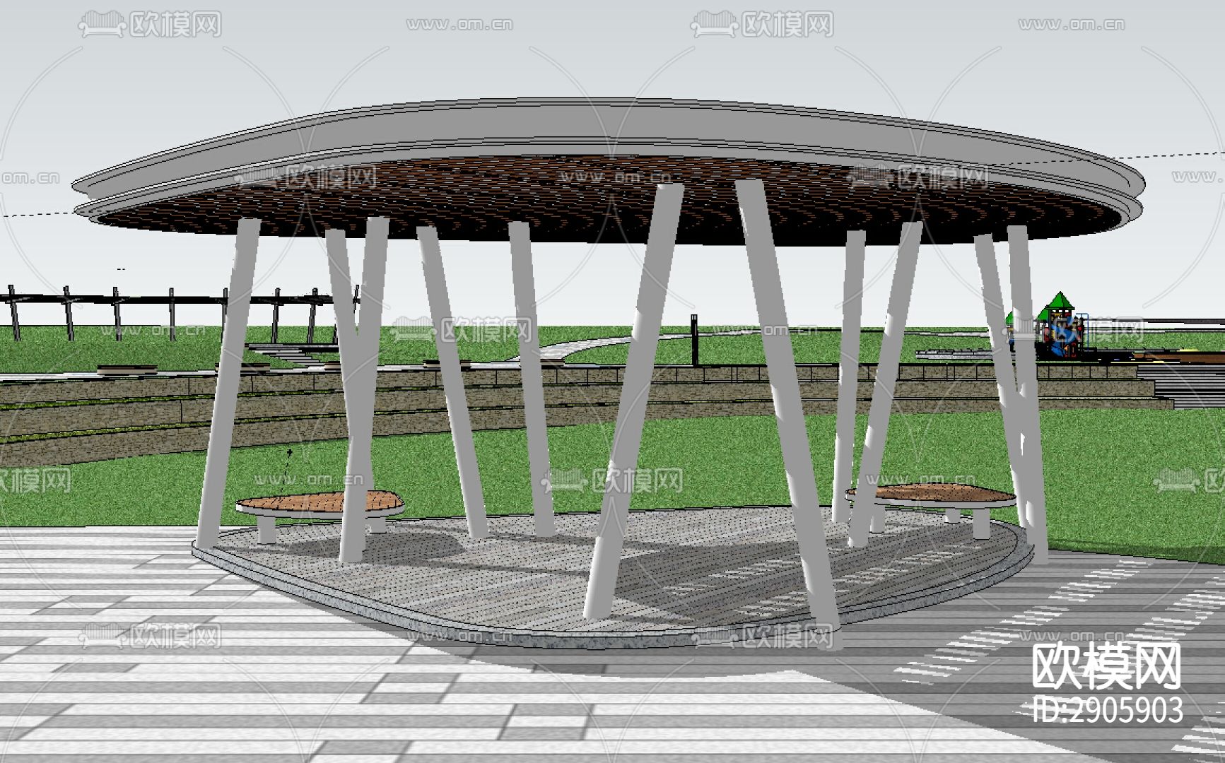 特色异形钢廊架结构CAD施工图下载（渲染图1）