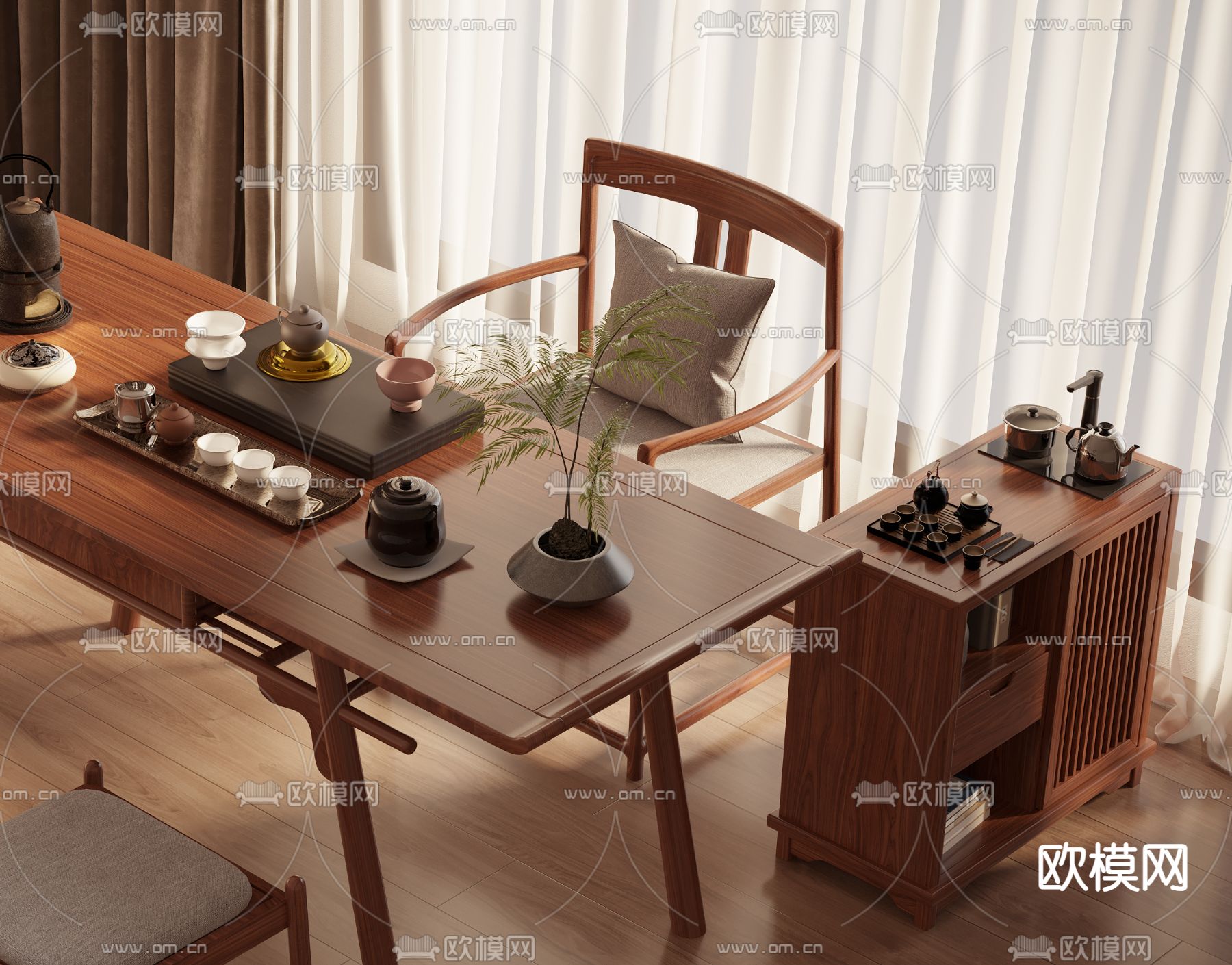 新中式茶桌椅su模型下载（渲染图3）