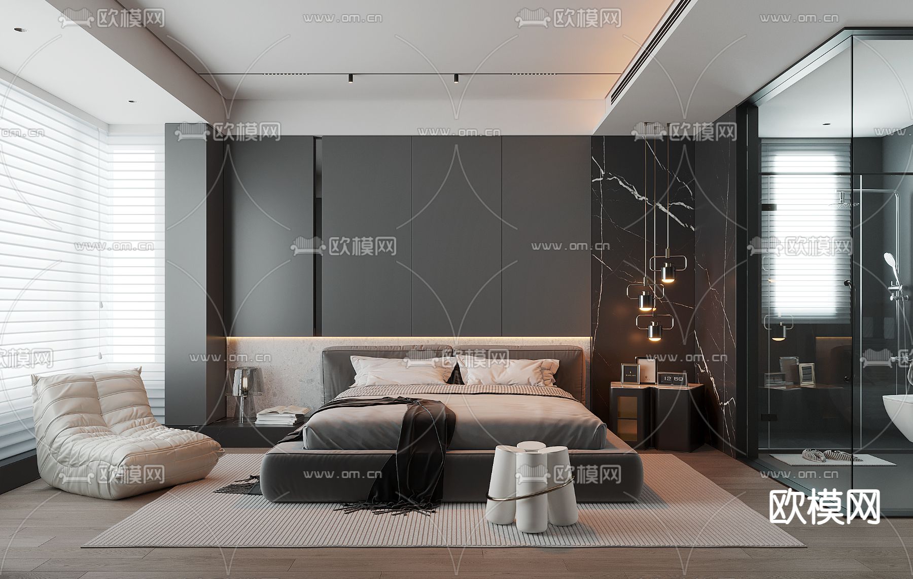 暗黑风卧室 主人房3d模型下载（渲染图1）