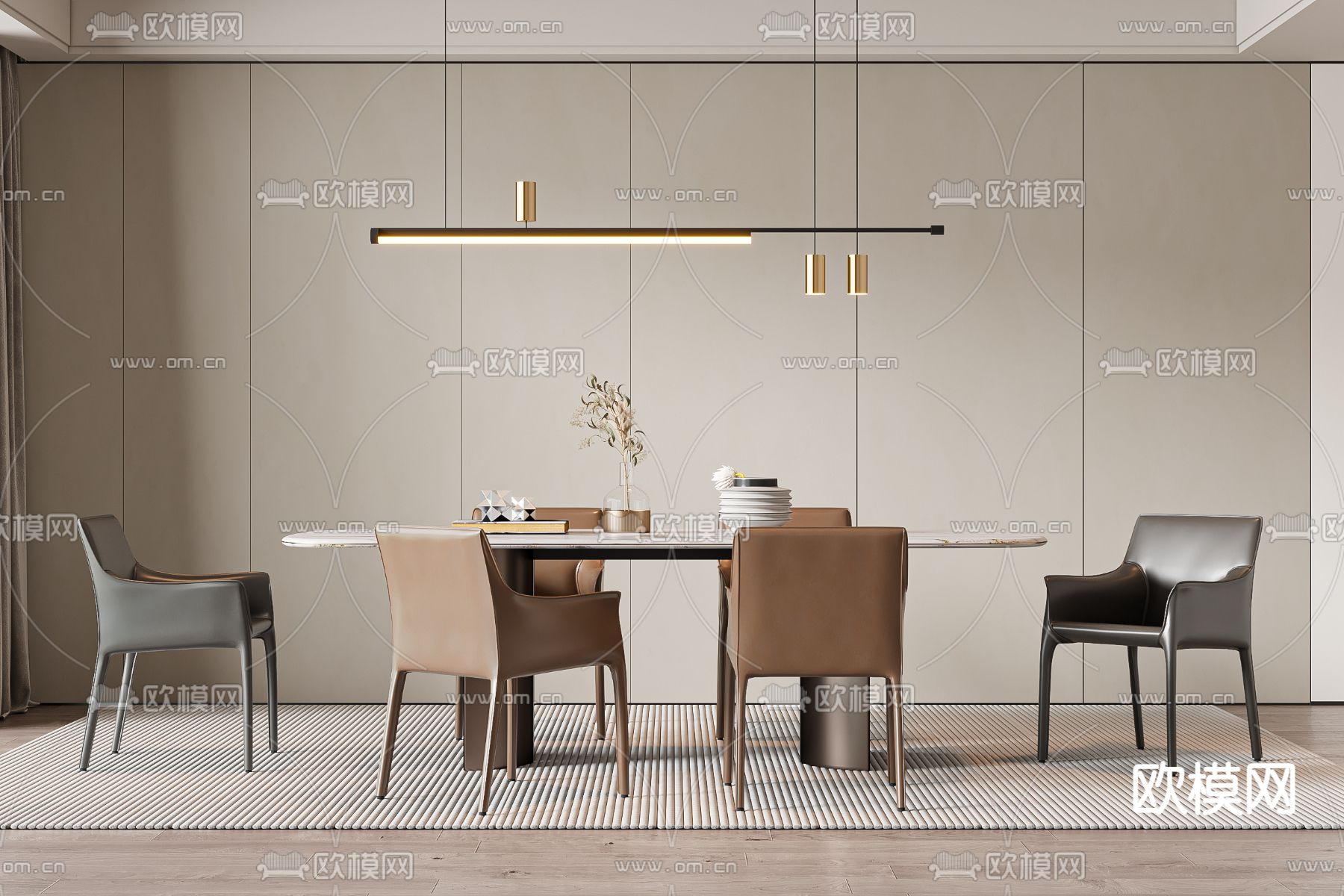 条形餐桌椅3d模型下载