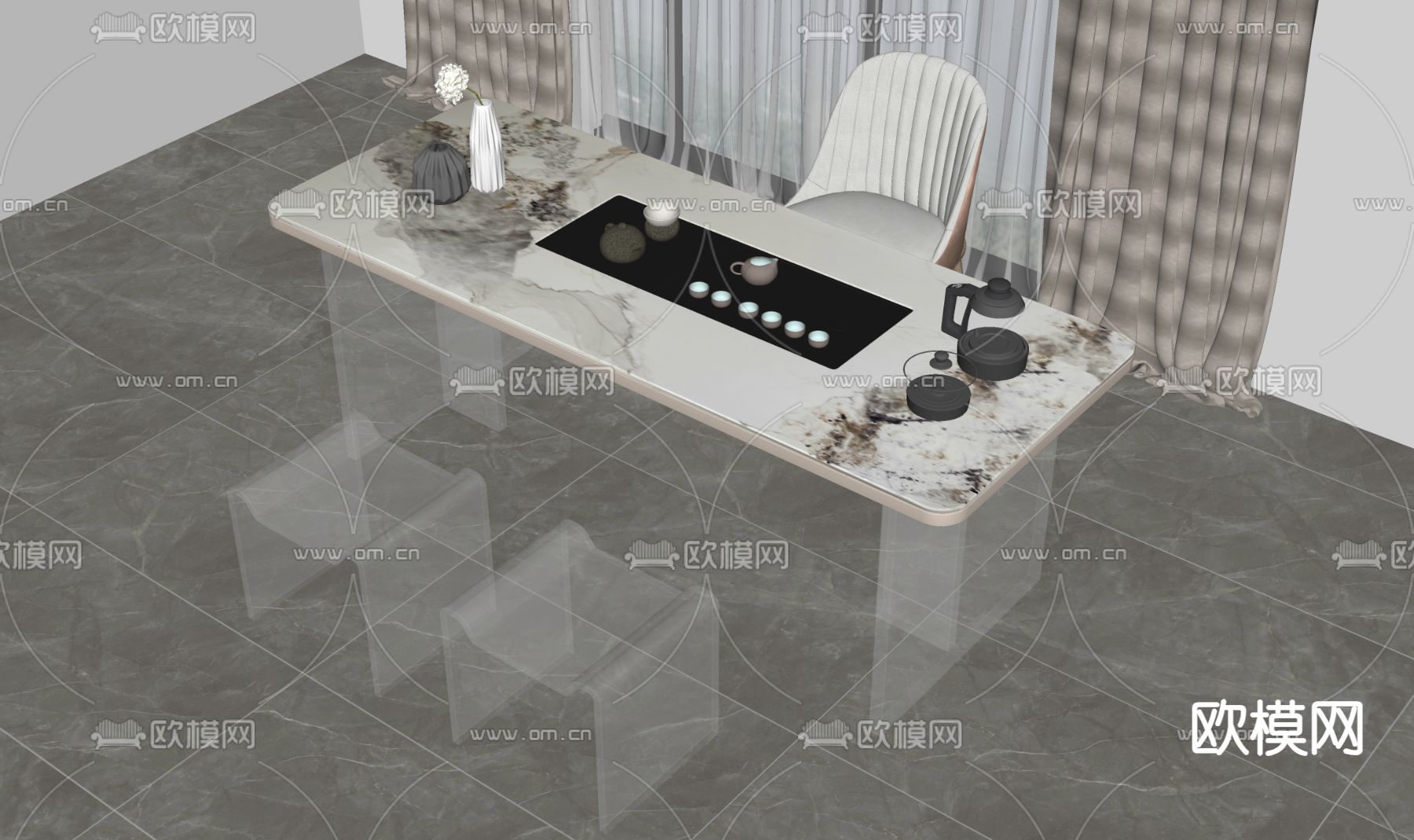 大理石茶桌椅su模型下载（渲染图2）