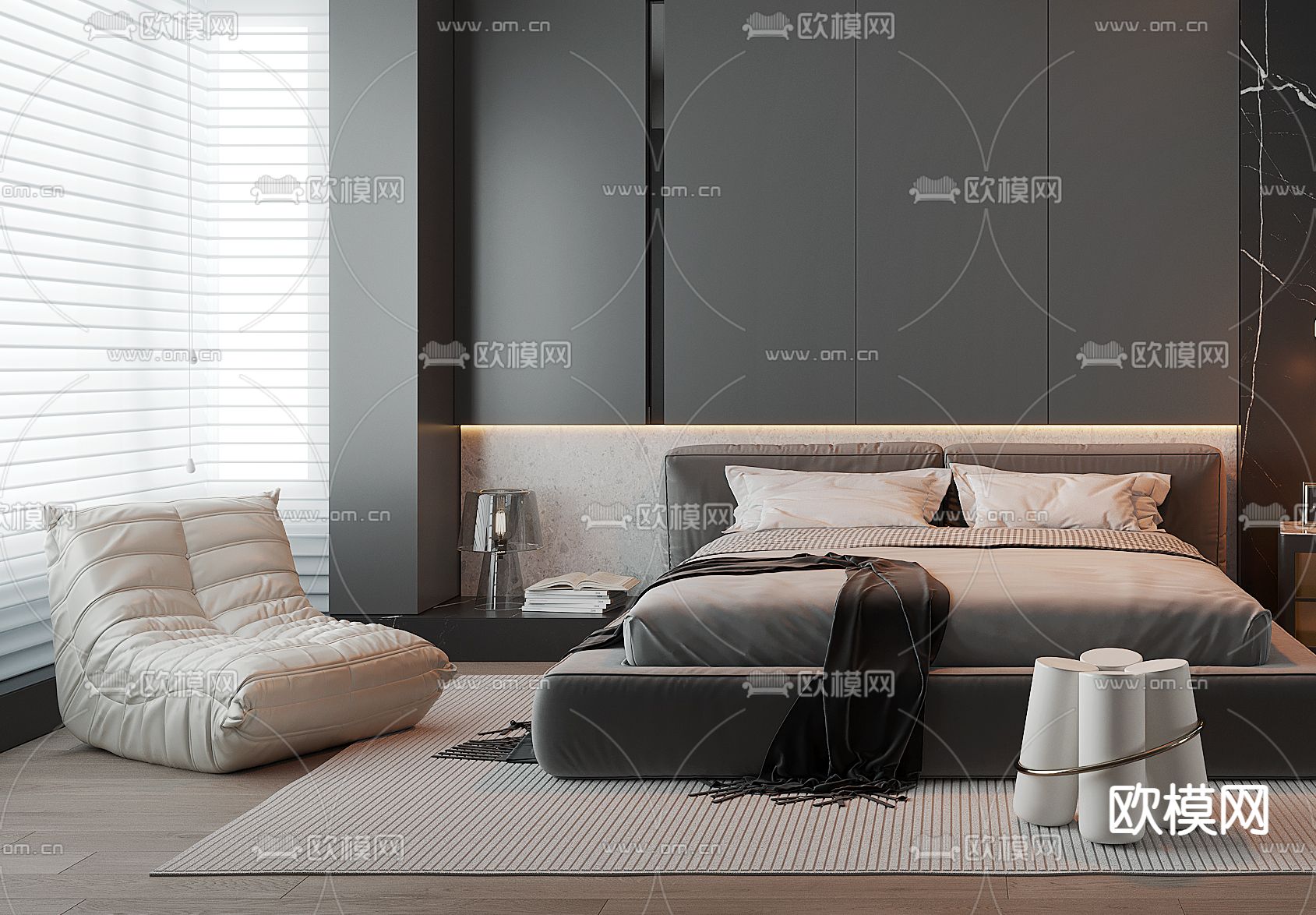 暗黑风卧室 主人房3d模型下载（渲染图2）