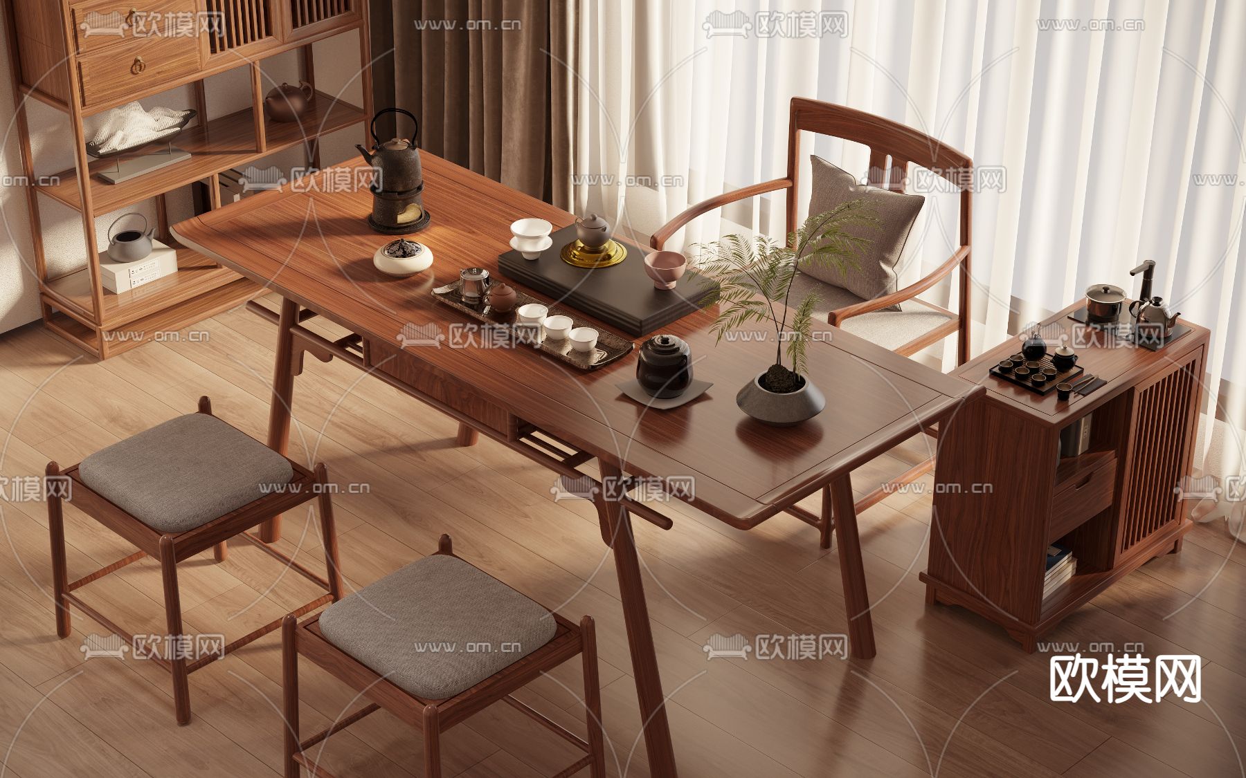 新中式茶桌椅su模型下载（渲染图2）