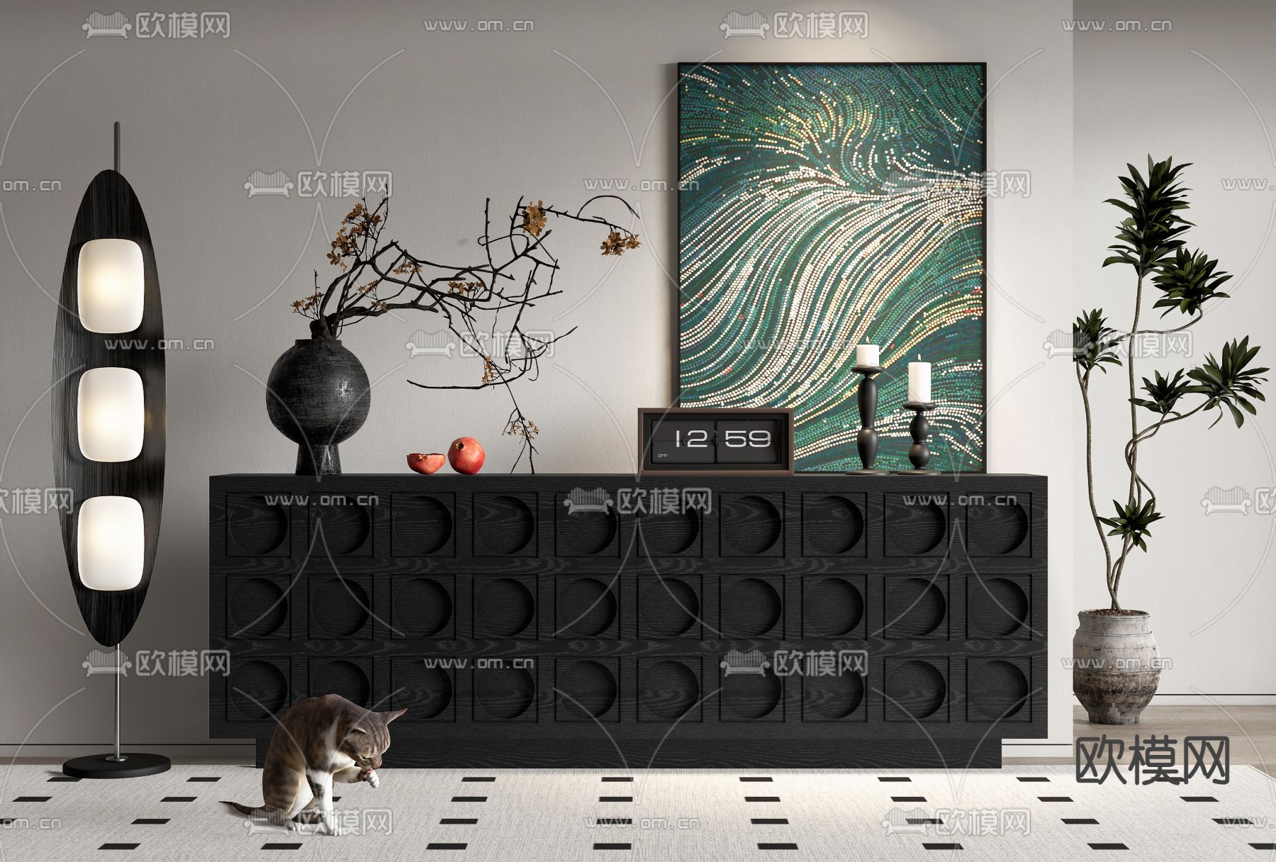 中古风玄关柜 边柜su模型下载（渲染图1）