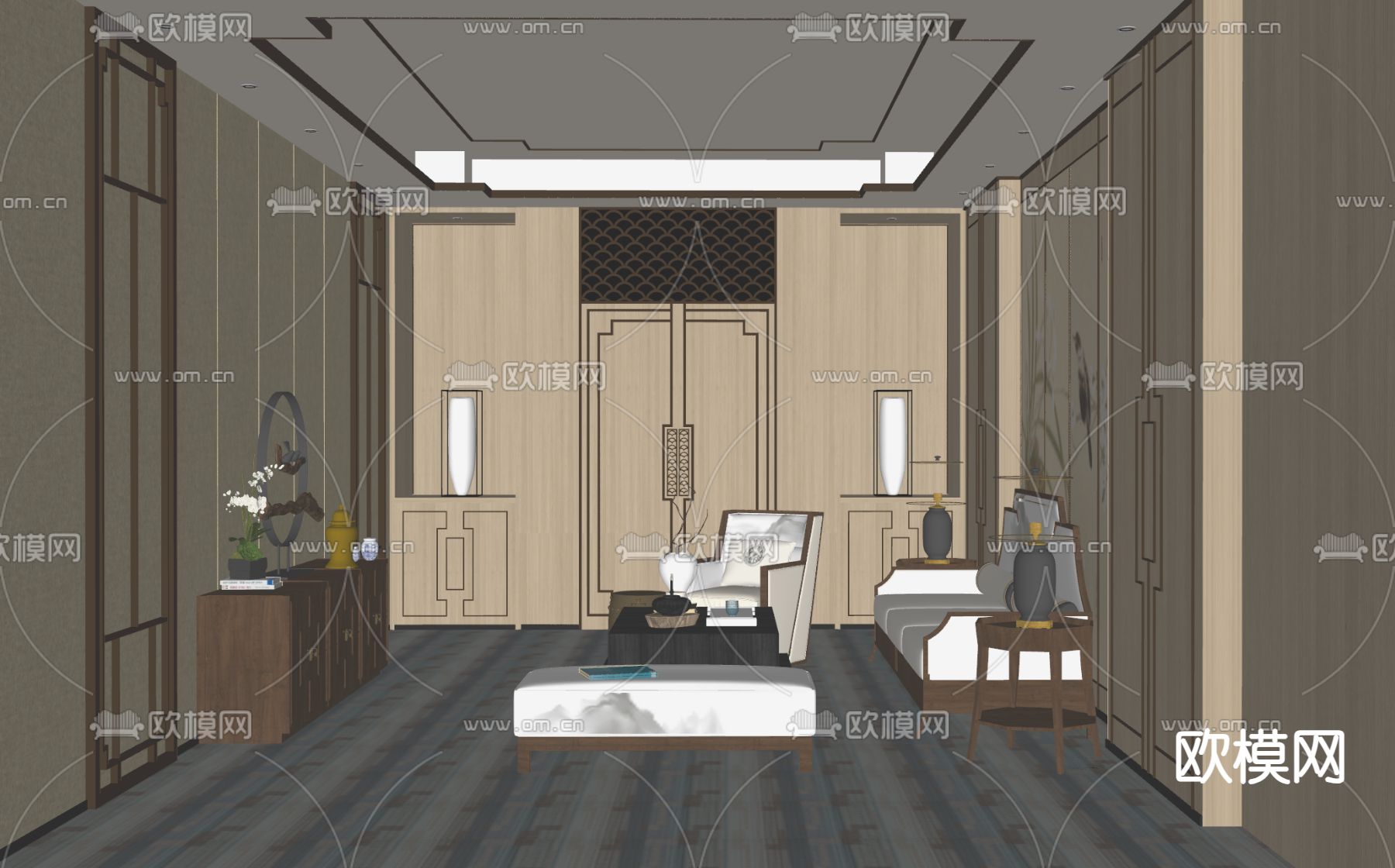 新中式洽谈室 会客室su模型下载（渲染图2）