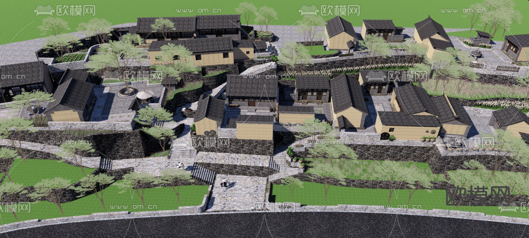 美丽乡村景观 文化广场su模型下载（渲染图1）