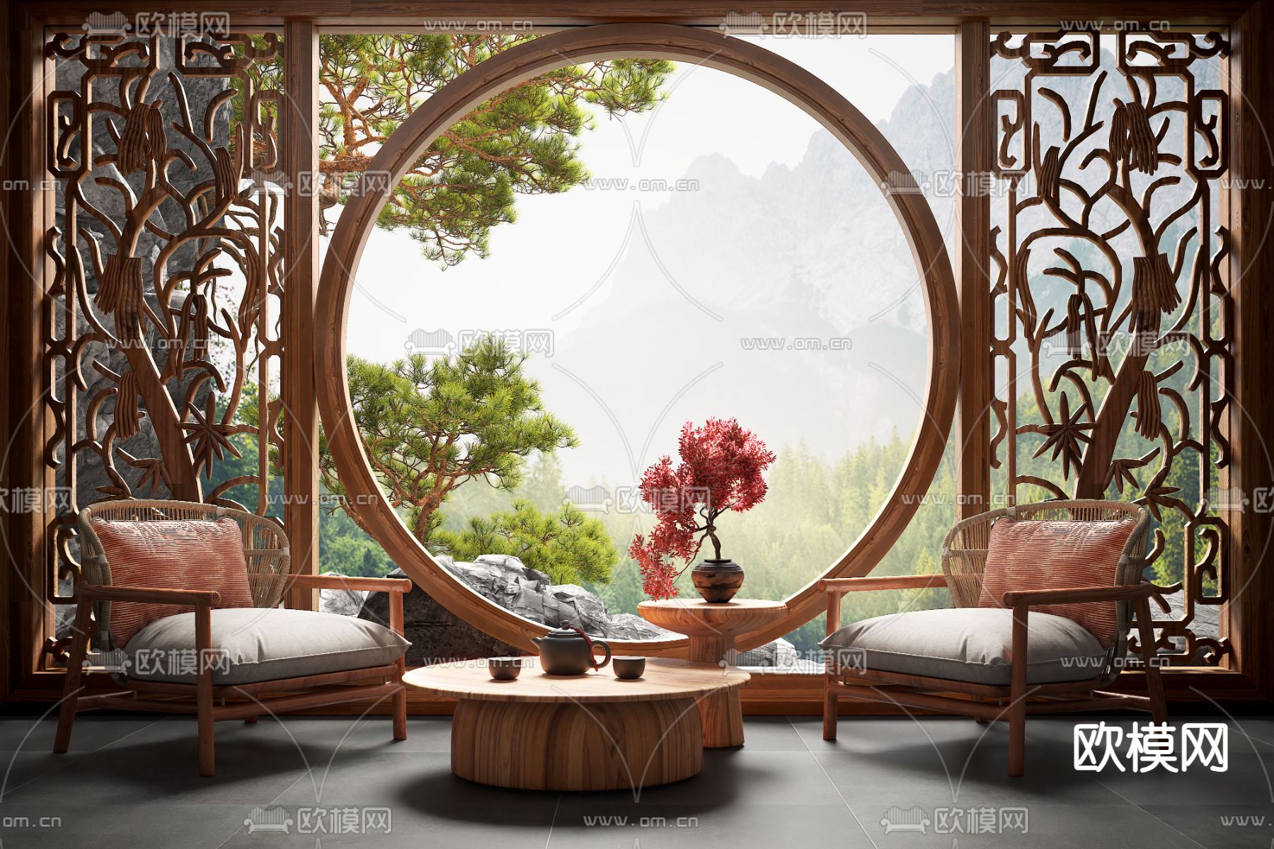 新中式休闲椅su模型下载（渲染图1）